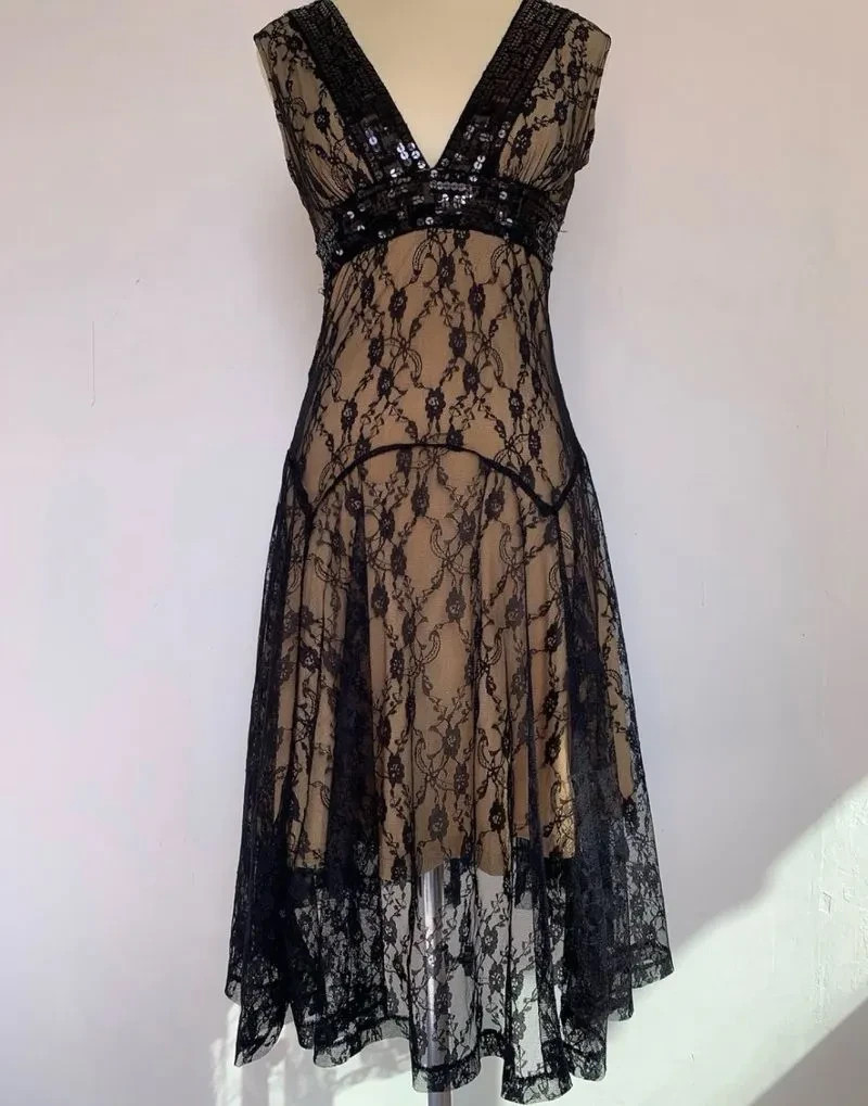 Vintage 1920s Beaded Sequin Black Lace Dress