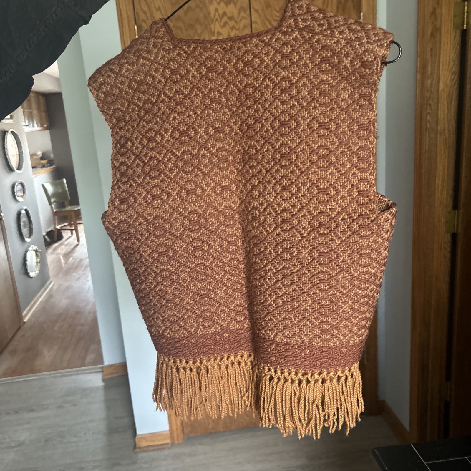 Early 1970s Hand Knit Wool Copper & Brown Fringed Vest