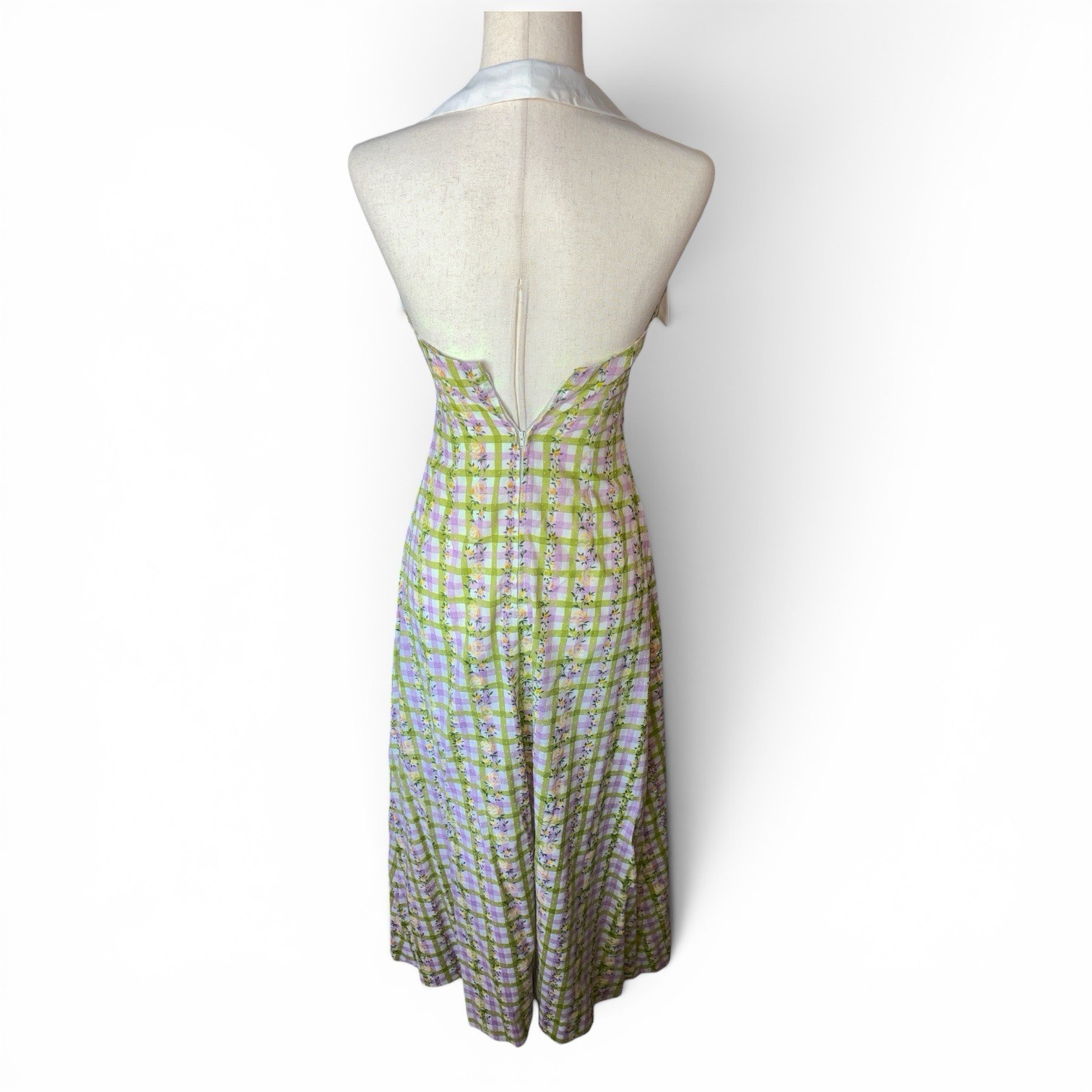 Late 60’s/70’s Gingham Sailor Halter Neck Maxi Floral Dress Handmade Vintage XS