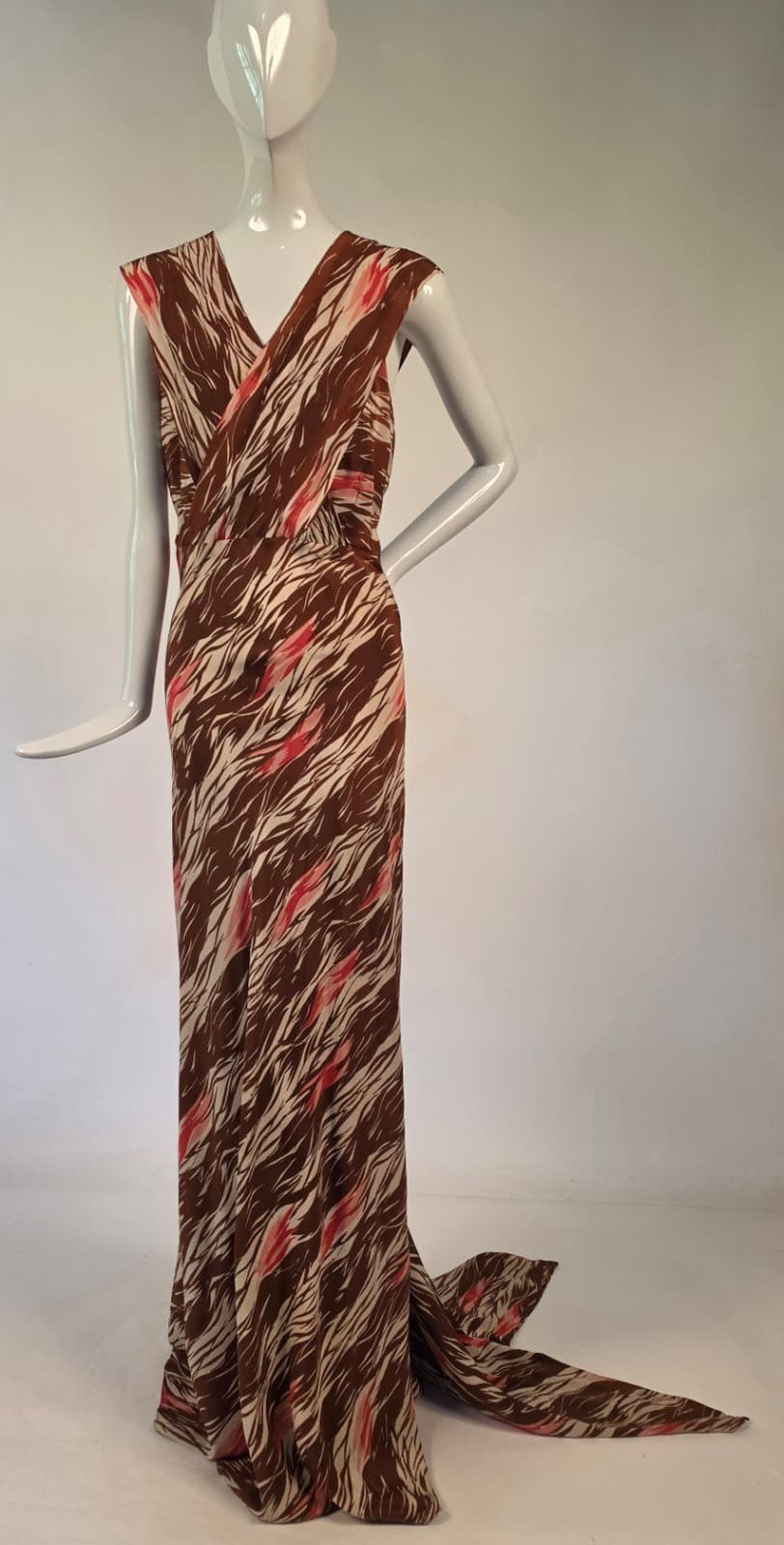 SEXY BIAS CUT 1930’S PRINT SILK LONG DRESS W SERPENT TONGUE TRAIN
