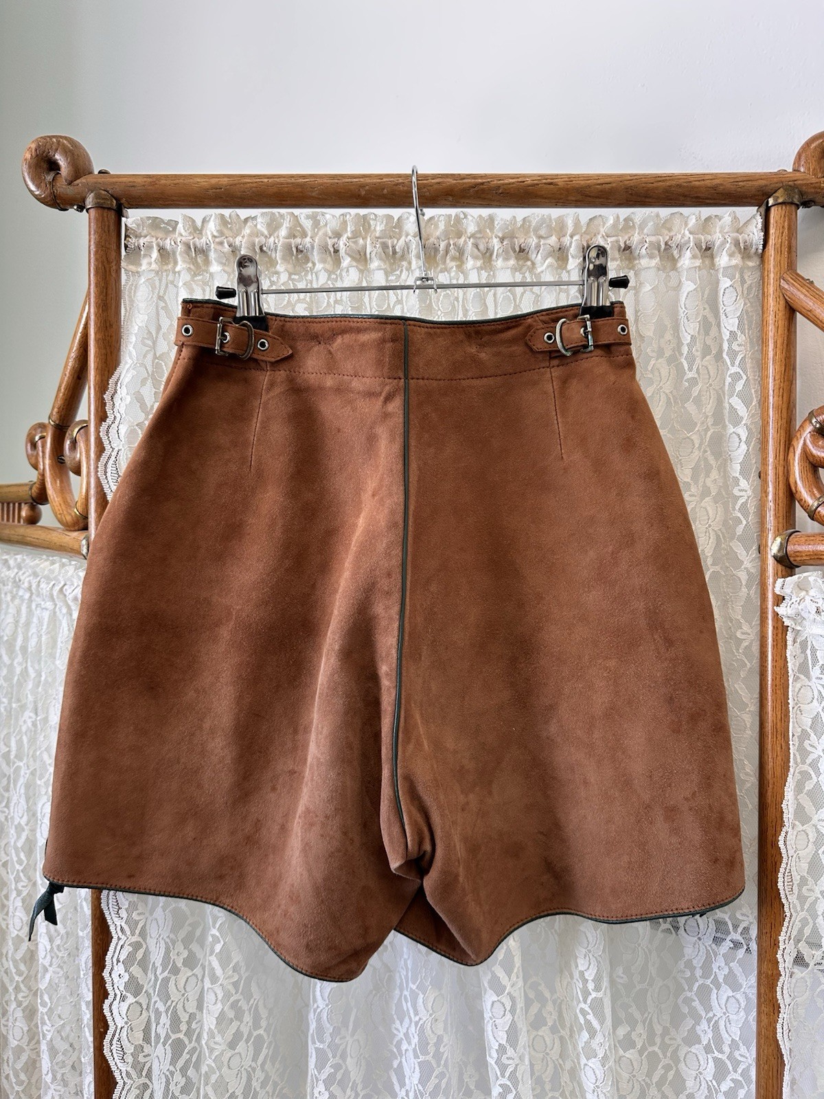 Vintage 1940s Leather Shorts Made In Germany Brown Green Side Buckles 25” Waist