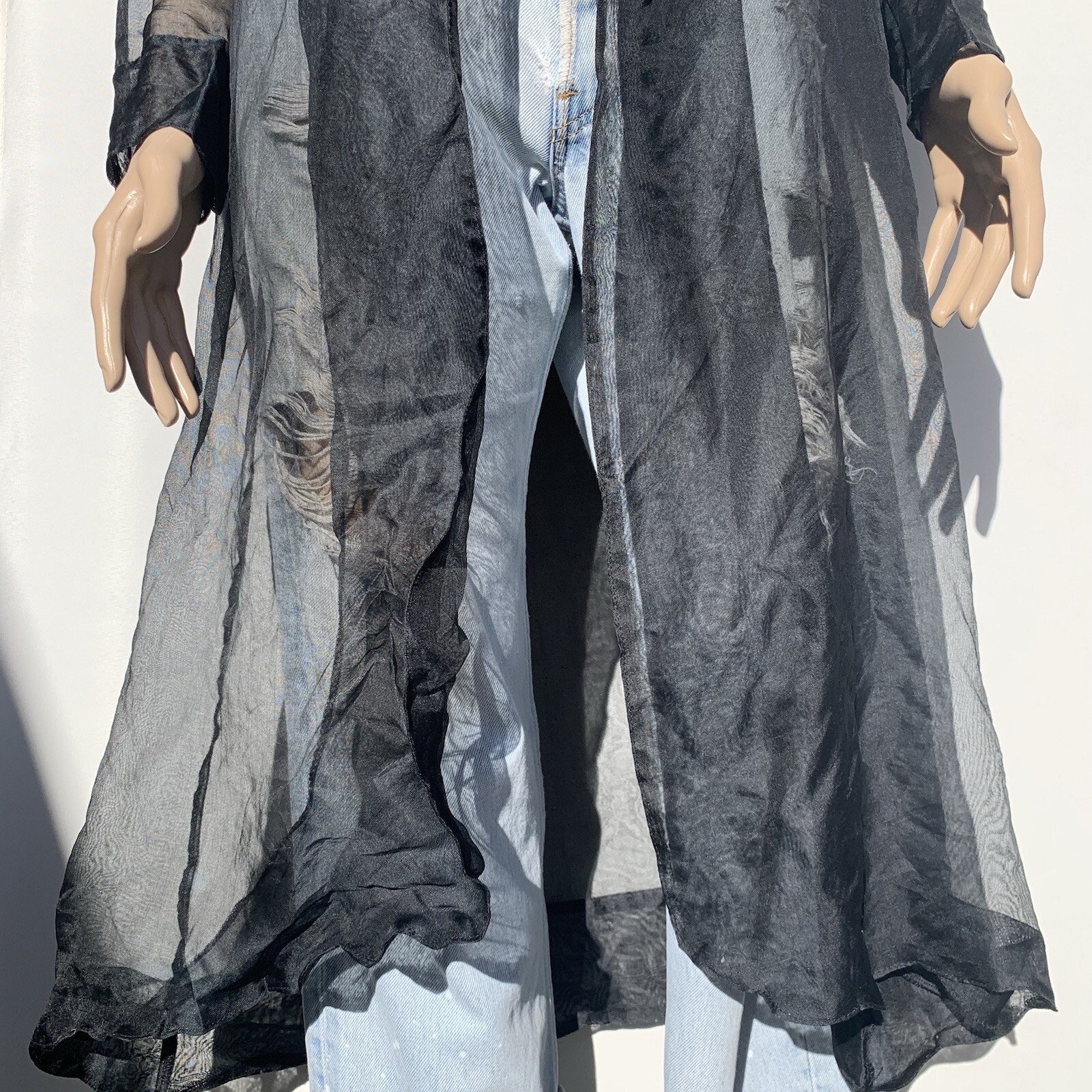 Repaired Vintage Designer Elan Vitale Avant Garde Sheer Black Rayon Duster Coat