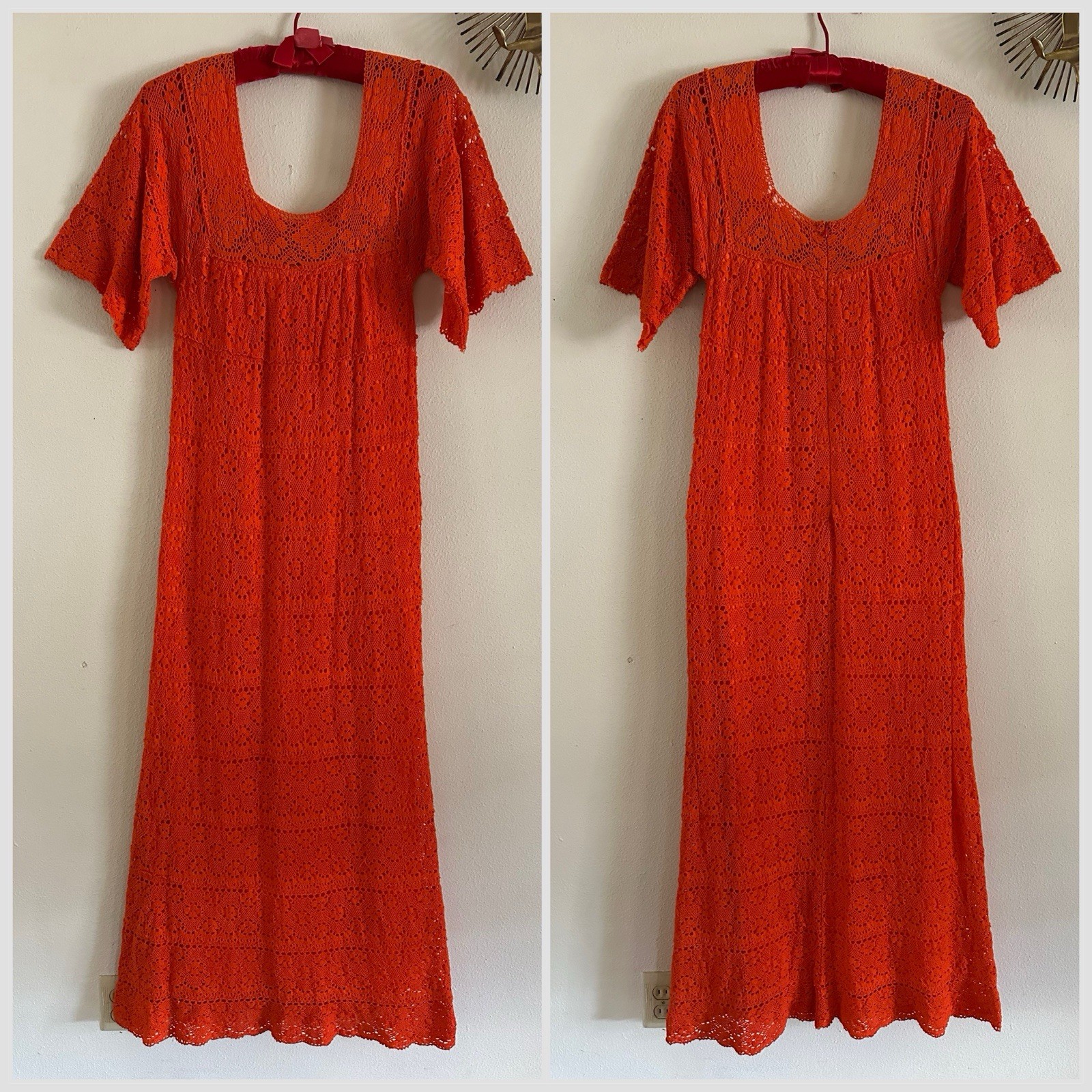 1970s Mexican Crochet Lace Maxi Dress Orange Cotton Boho Huipil XS S Vintage