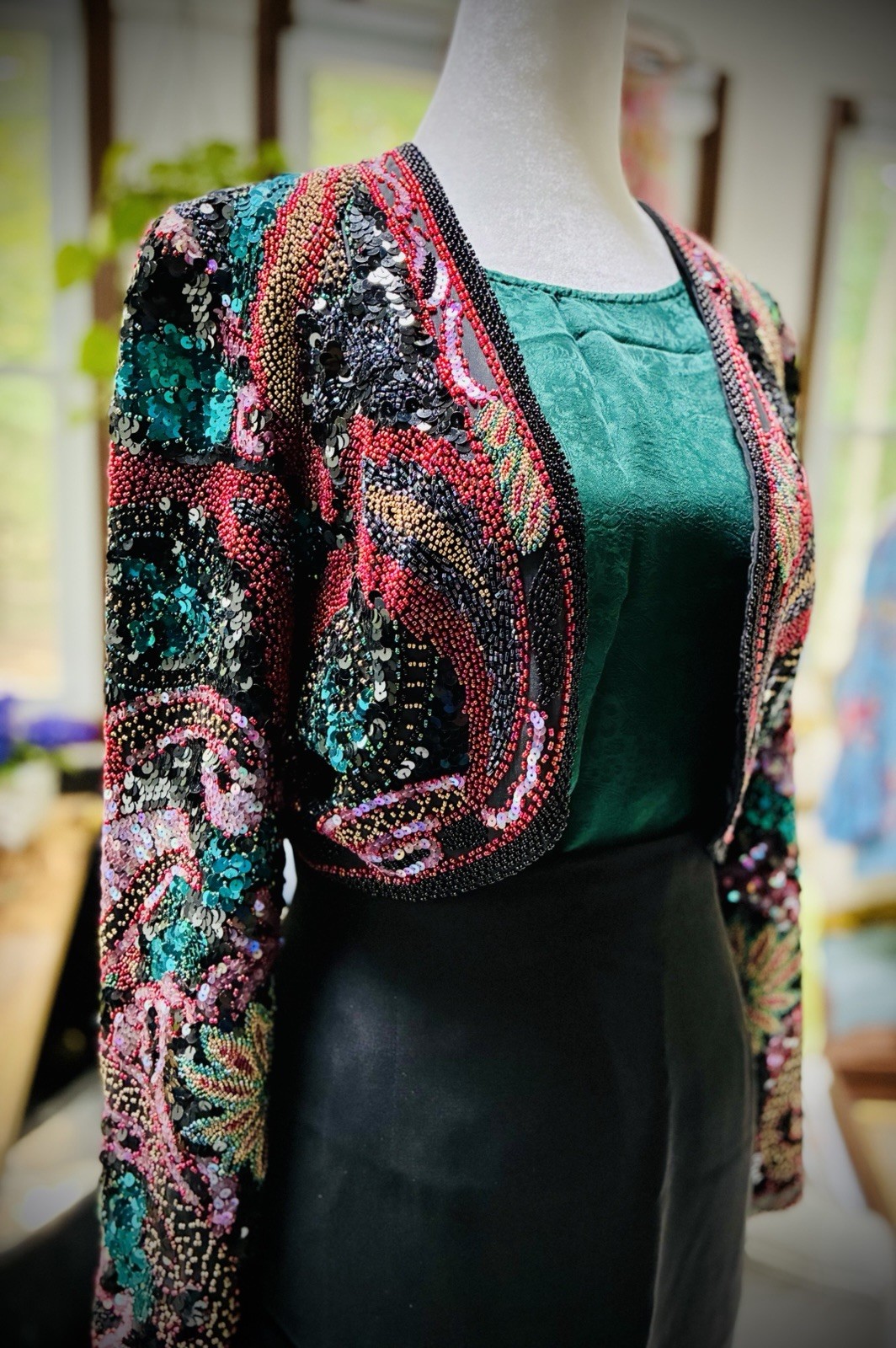 Vntg ‘80s A.J. Bari Silk Beaded Sequin Cropped Bolero Jacket S MFormal Cocktail
