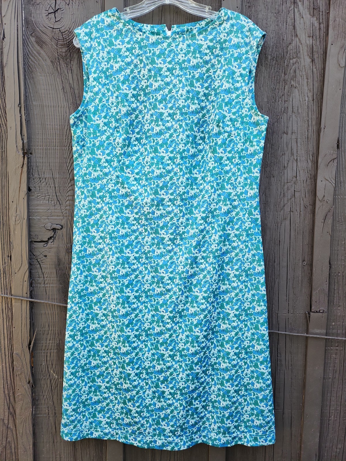 70s Handmade Green Blue Floral Silky Double Knit Polyester Dress Womens M-L Vtg