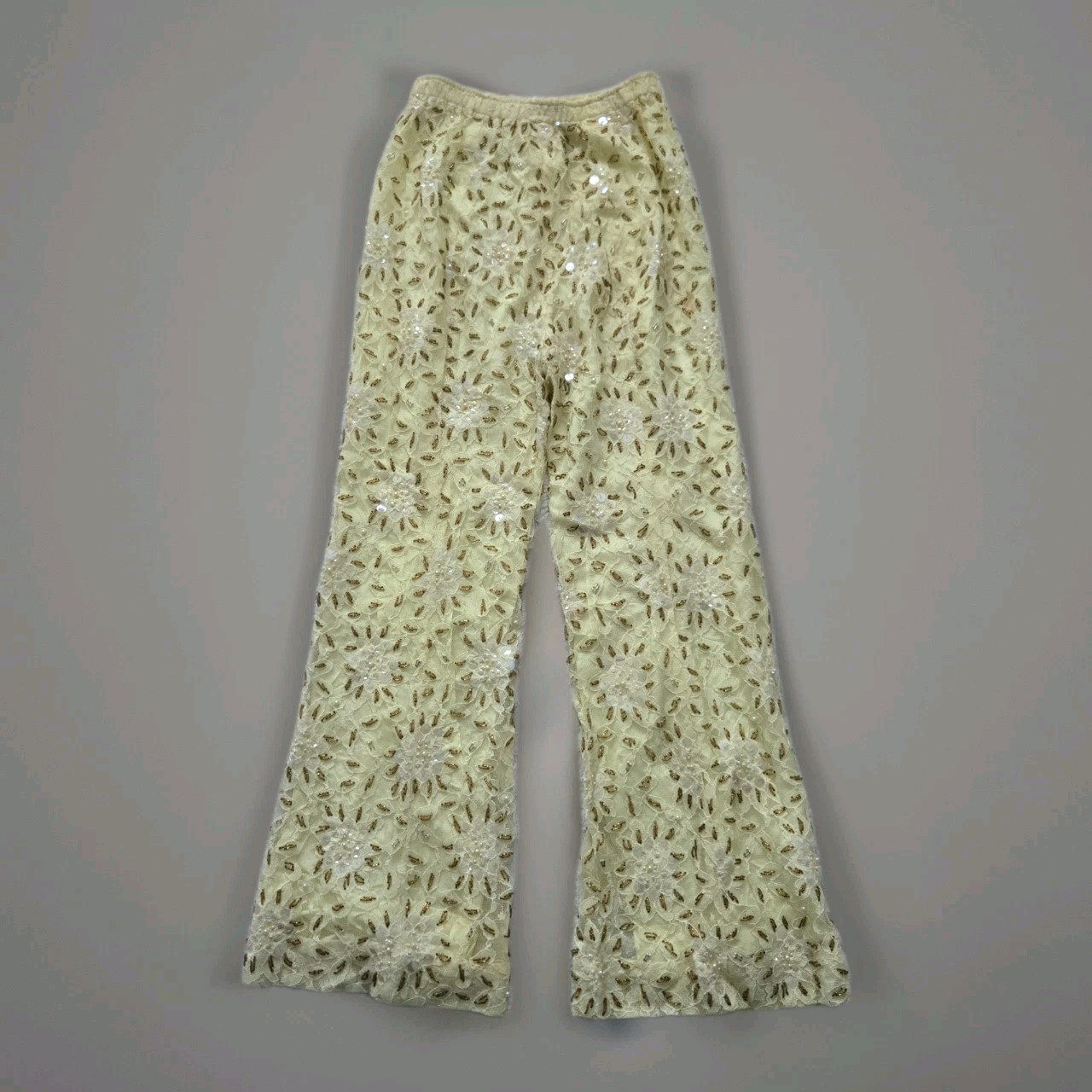 Vtg 60s 70s Beaded Tunic Top & Pants Set, Yellow & Gold, Vacation, S