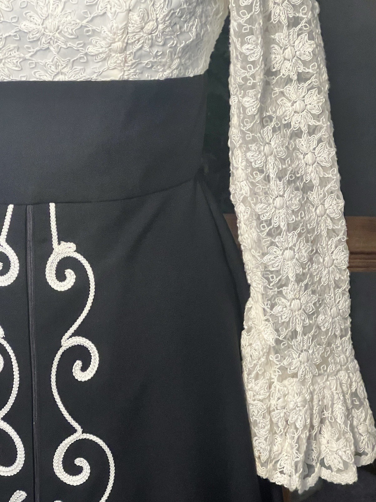 Vintage Custom Made Black Ivory Lace Maxi Dress Front Zip Mod Boho Prairie