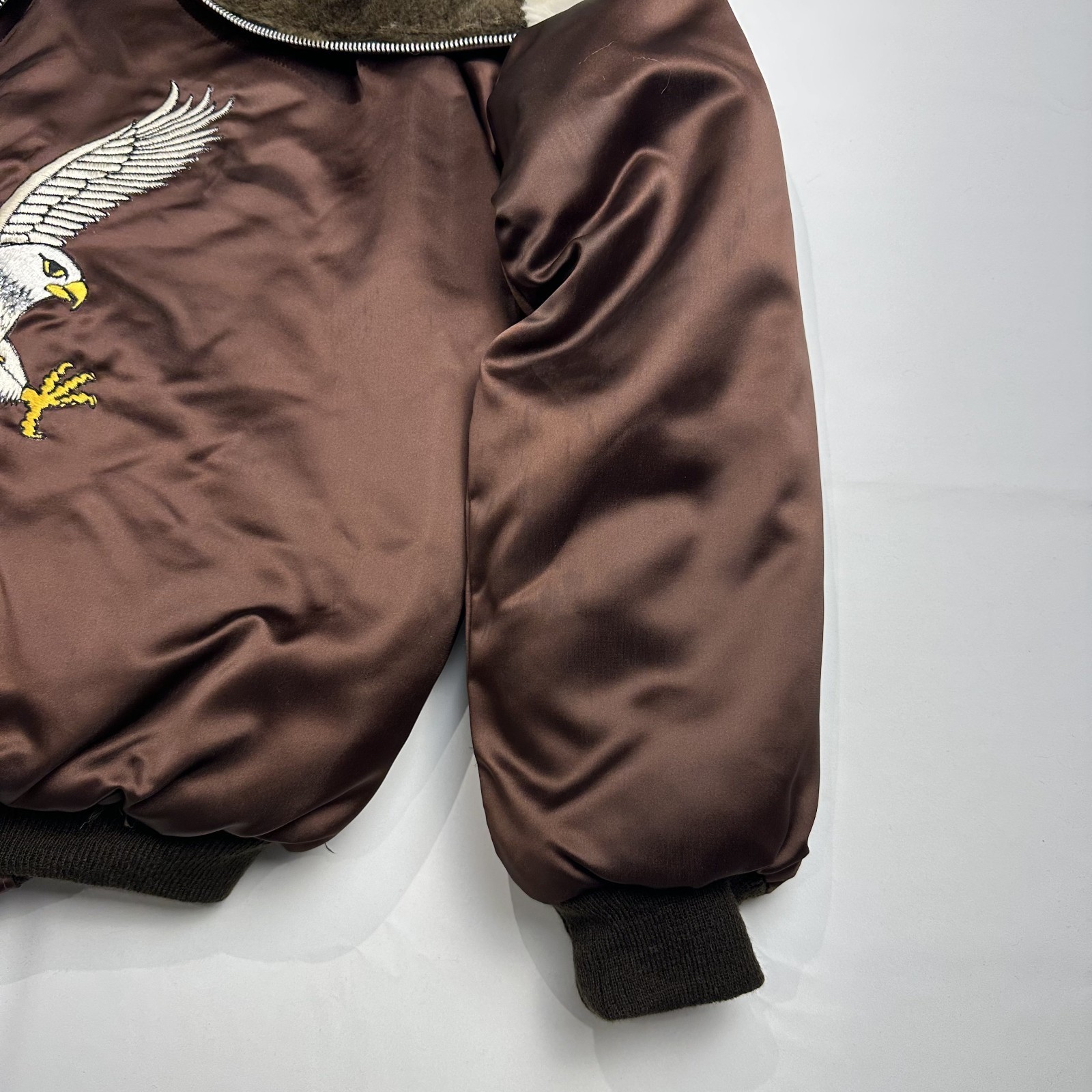 70s VTG Bomber Korea Souvenir Jacket Eagle Faux Fur Split Hood Embroidered Large