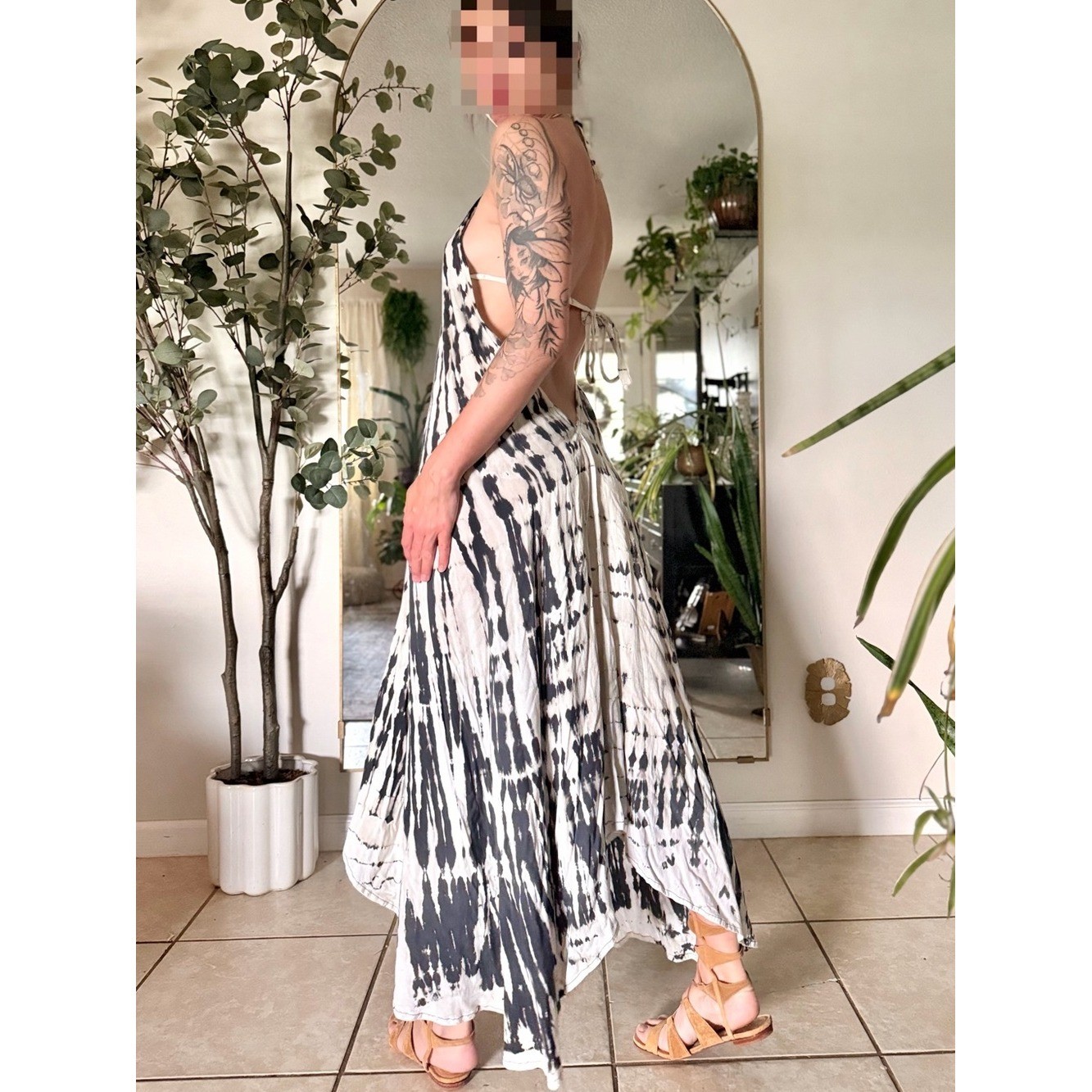 Vintage Y2K Tie Dye Backless Handkerchief Hem Maxi Dress Boho Festival