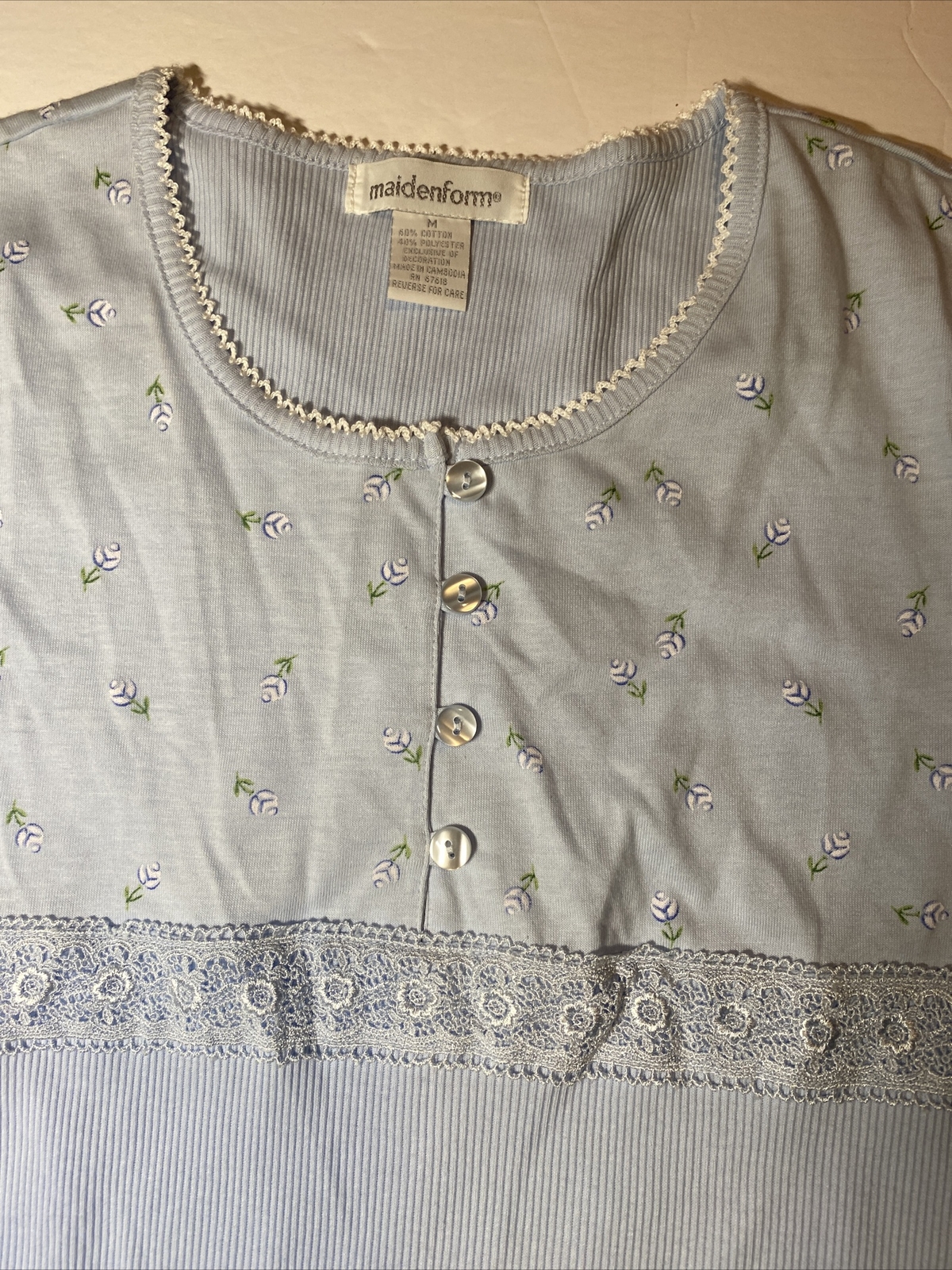 NWT Maidenform Nightgown M Cotton Polyester Blue Long Sleeves