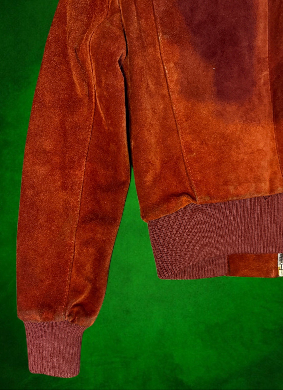Vintage 70s Rust Suede Bomber Jacket Uruguay Wool Collar Womens XS/S Cropped