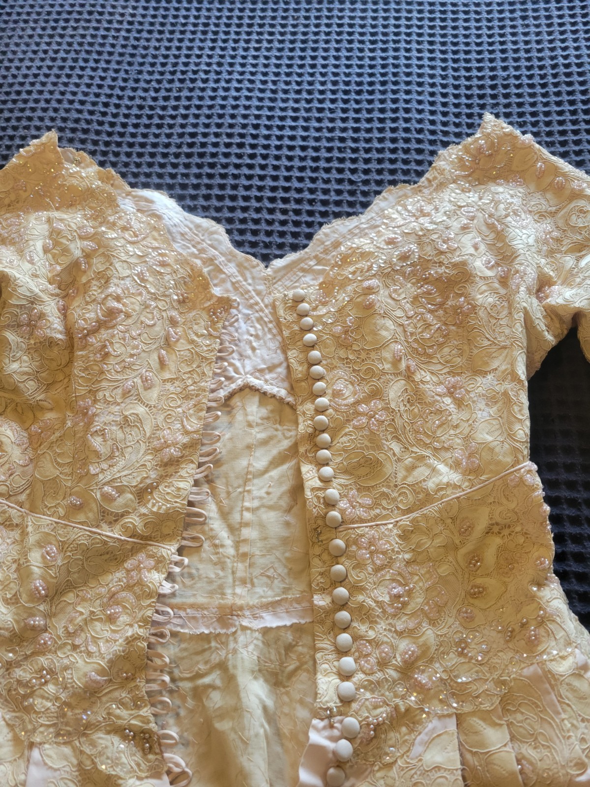 BEAUTIFUL HANDMADE 1920S 1930S NUDE BLUSH BEADED LACE WEDDING DRESS MUST SEE !