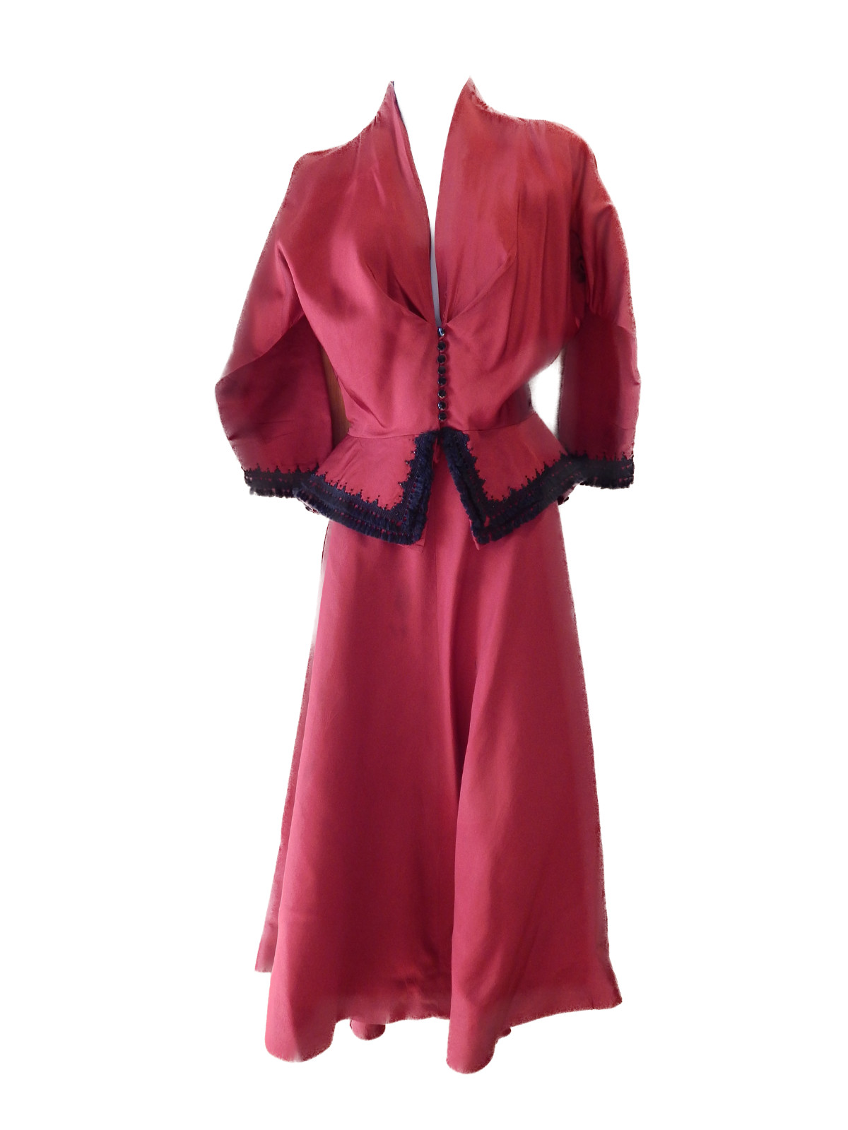 1940’S HATTIE CARNEGIE BURGUNDY RED BLACK LACE TRIM GLASS BEADS 2 PC DRESS VTG.