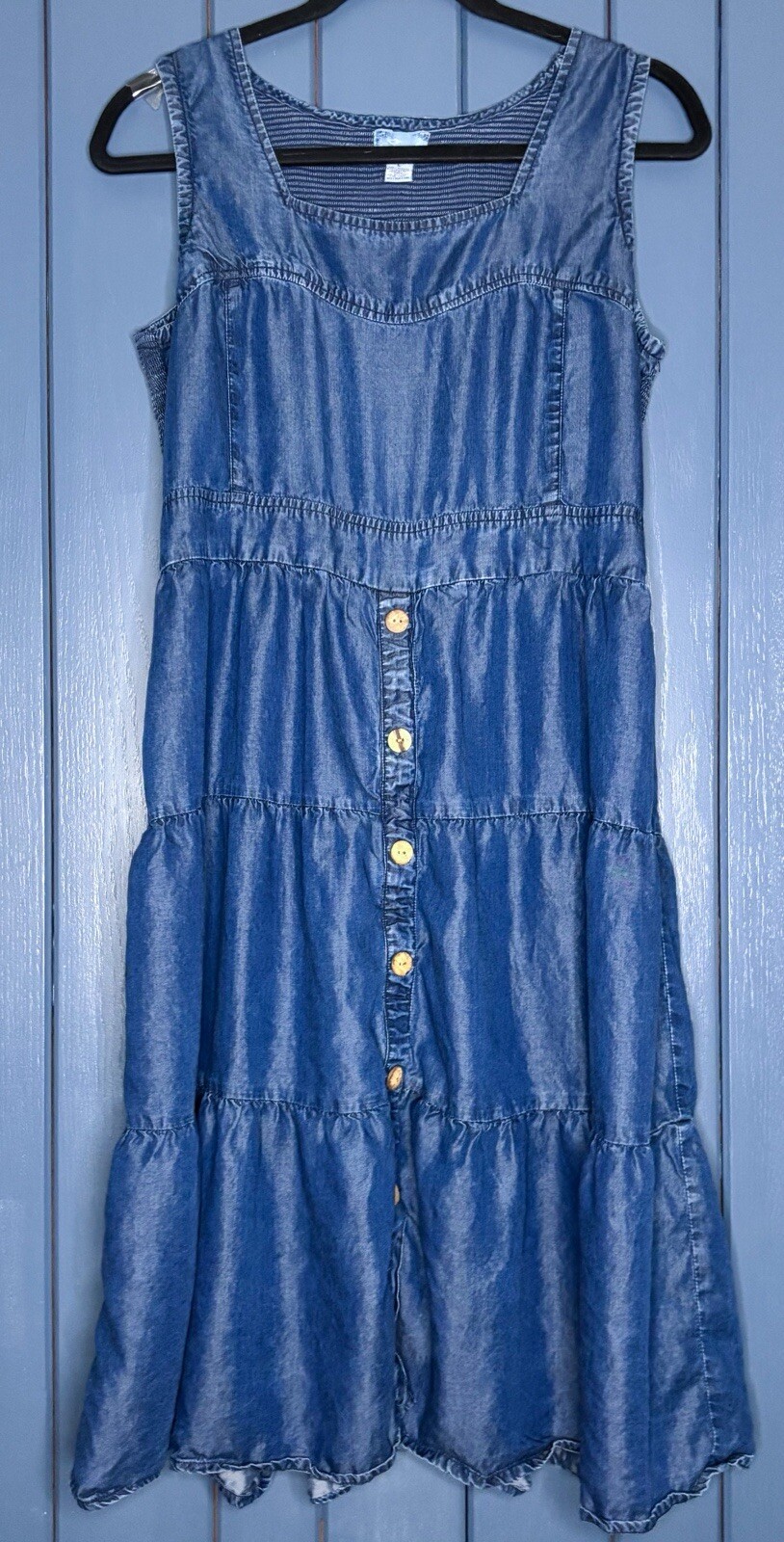 Tiered Smocked Chambray Jumper Dress Large Retro Cottage Core Peasant Y2K Casual