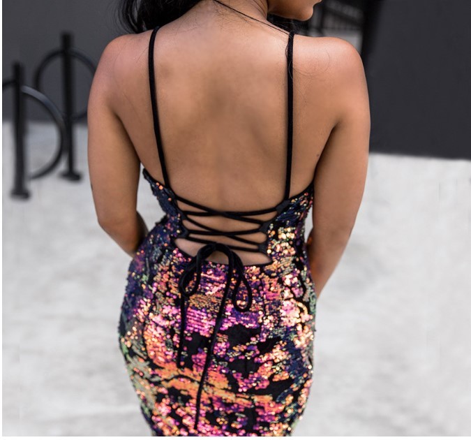 Women V-Neck Lace UP Sexy Backless Spaghetti Strap Sequin Club Party Mini Dress