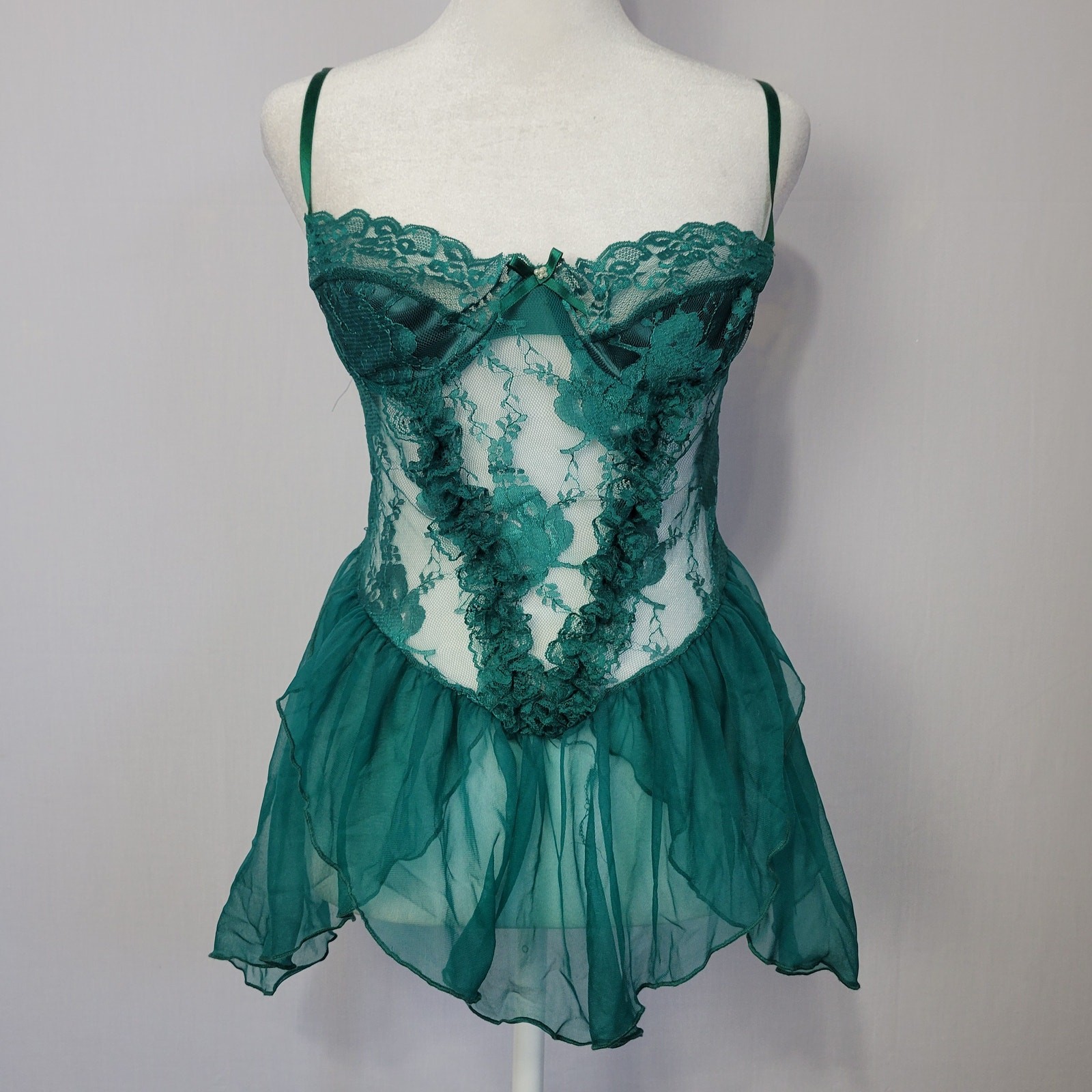 Vintage Green Sheer Floral Lace Asymmetrical Bustier Teddy Lingerie size S Fairy