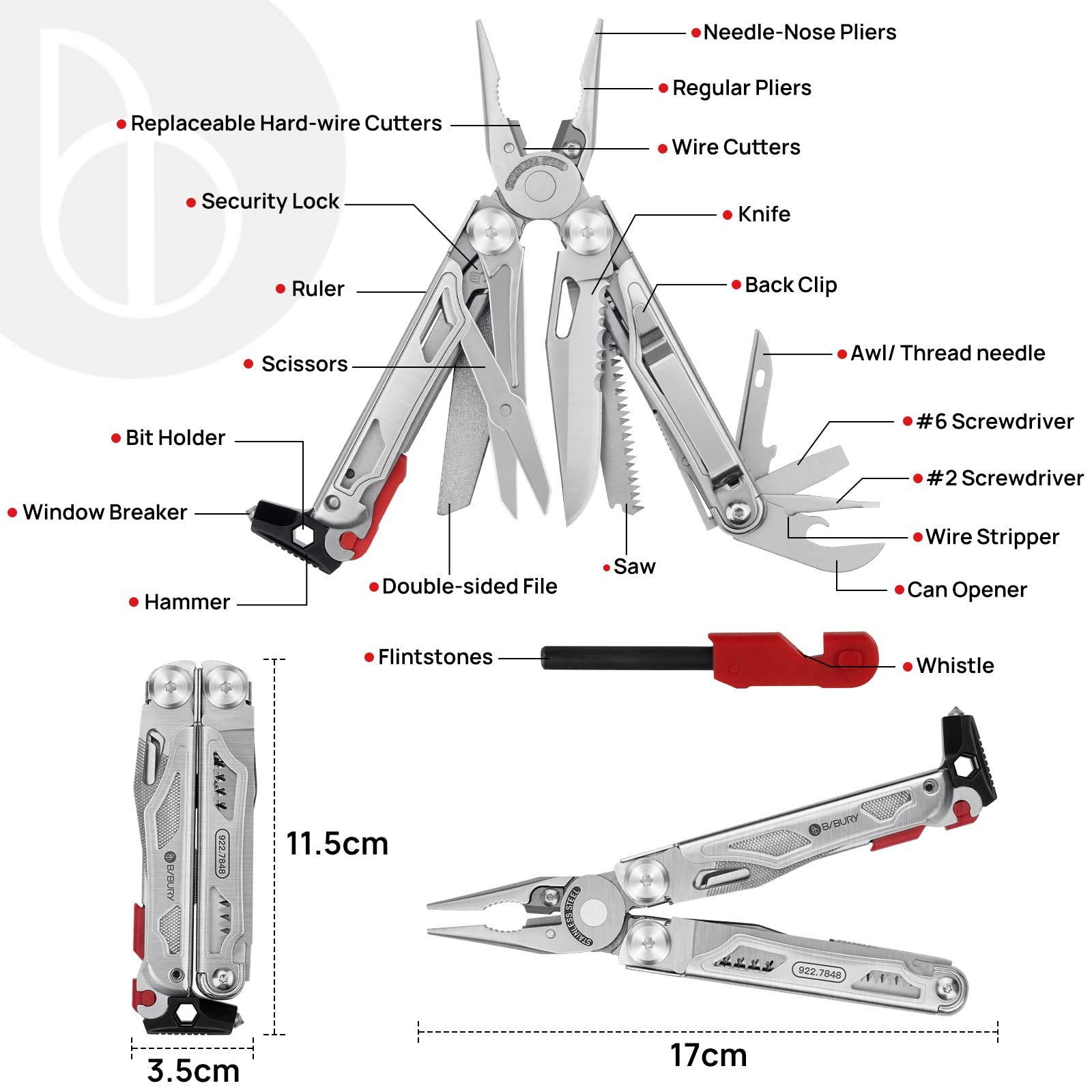 BIBURY 22-in-1 Multitool Pliers Stainless Steel Survival Camping EDC Pocket Tool