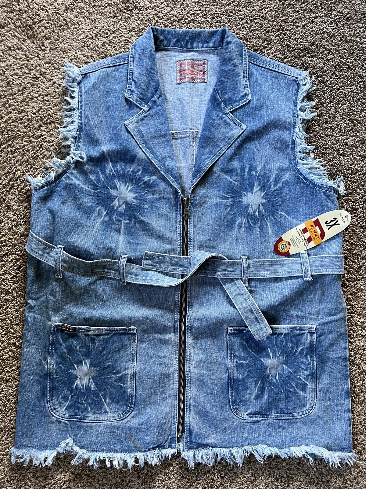VTG Revolt 90&rsquo;s Zip Up Denim Jean Jacket Y2K Distressed Size 3XL Long NWT