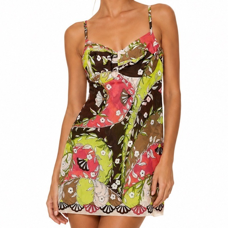Vintage Emilio Pucci Floral Mesh Lingerie Slip Dress 36D Small Pink Green