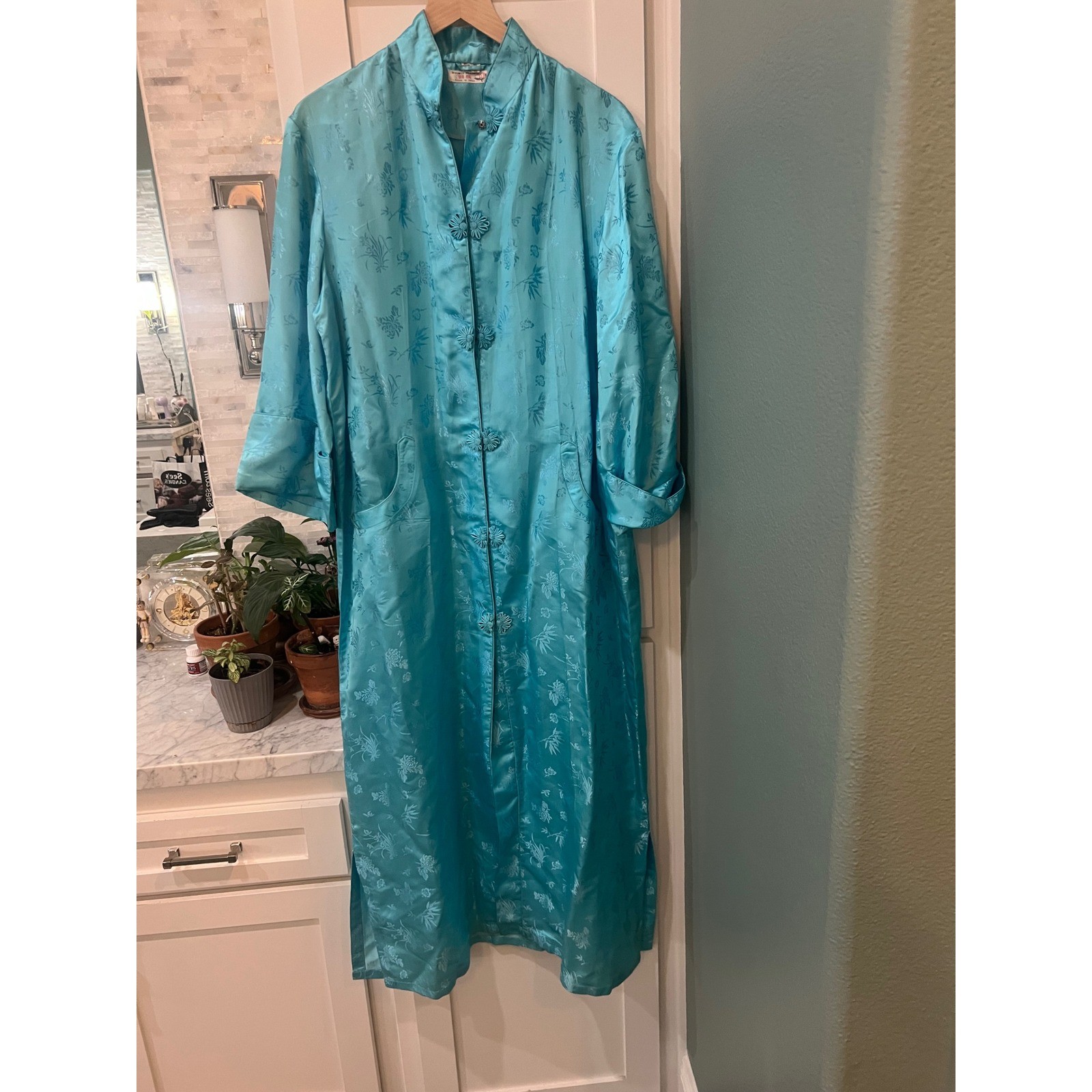 Vintage Cool BLue Silk Robe /Dressing Gown Floral Jacquard Old Money Luxury XL