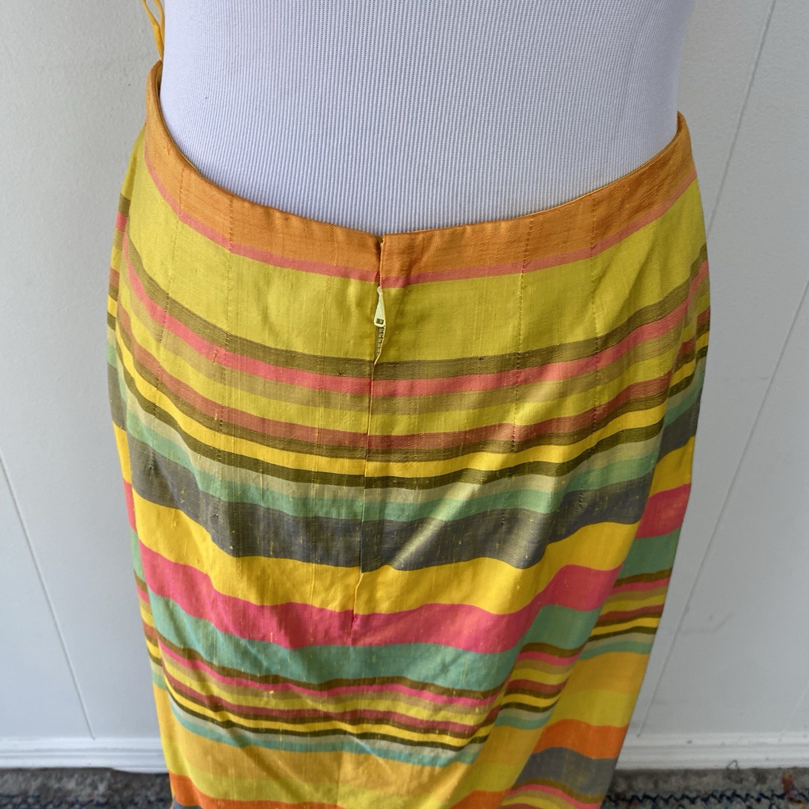 60s 70s Taffeta Multicolor Silk? Striped Maxi Skirt M 28-29” Waist Handmade