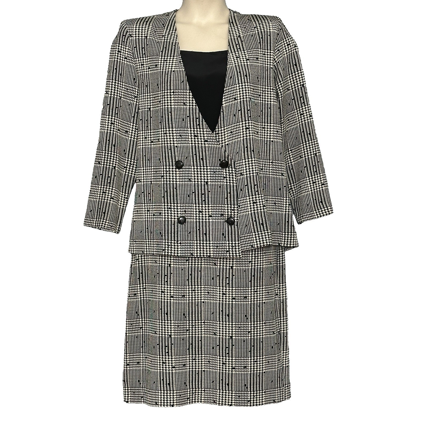 VTG 80s ACT II Women Suit 12 Ivory Houndstooth Check Plaid Power Classic Office