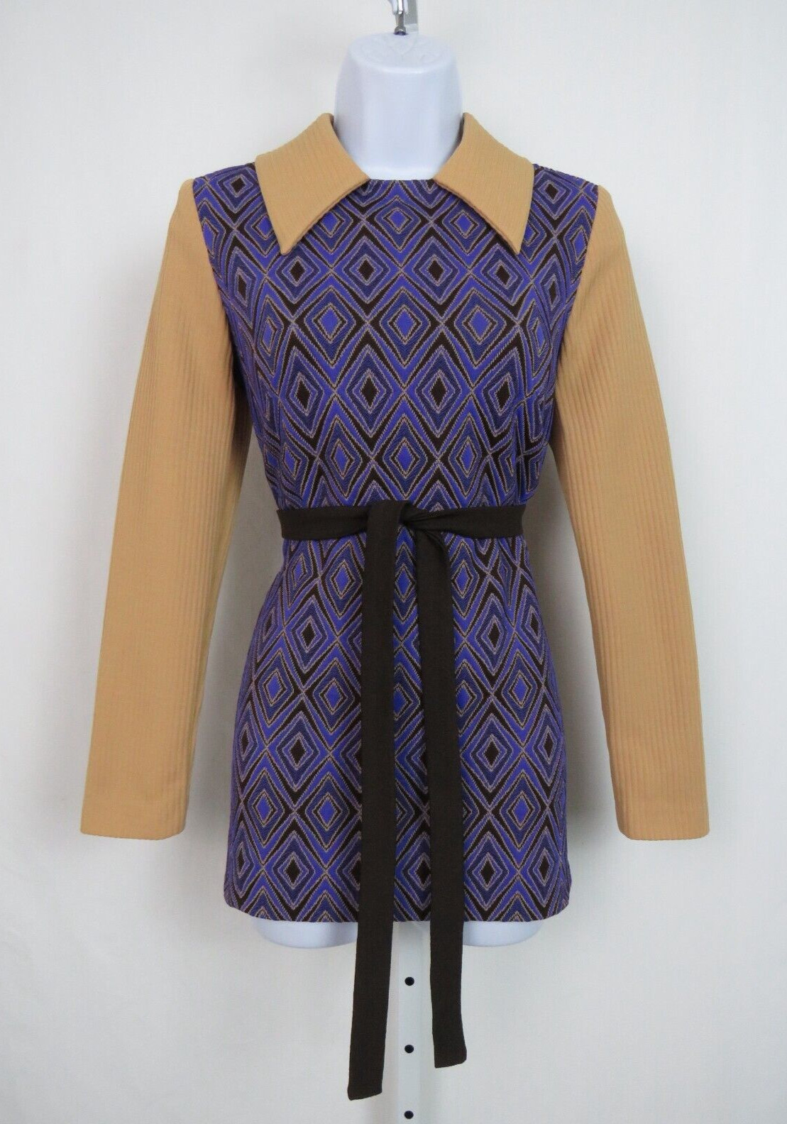 VTG 1950s 1960s MOD MR SIMON MICRO DRESS / SMOCK TOP GEOMETRIC PURPLE TAN BELT