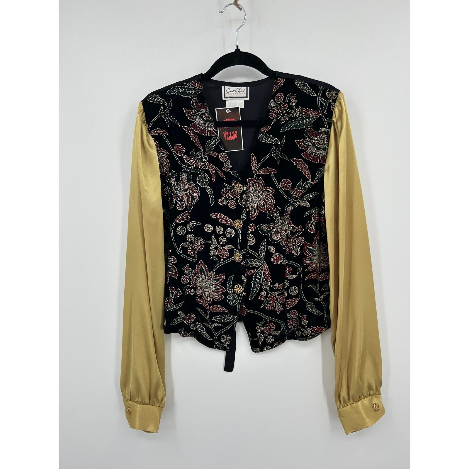 Carol Reed Collections Vintage Velvet Floral Beaded Jacket Gold Satin Sleeve 16