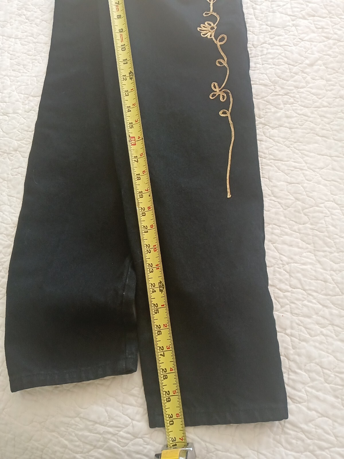 Sz 7 Vintage IOU Basic Blues Womens Black Denim High Waist Mom Jeans Gold Trim