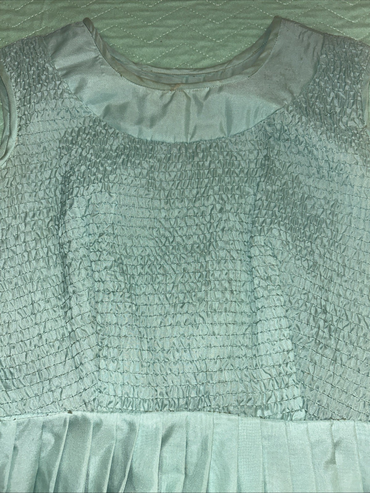 Vtg Women&rsquo;s 50s Sleeveless Seafoam Green Belted Party Dress Chiffon Pleats Sz 12