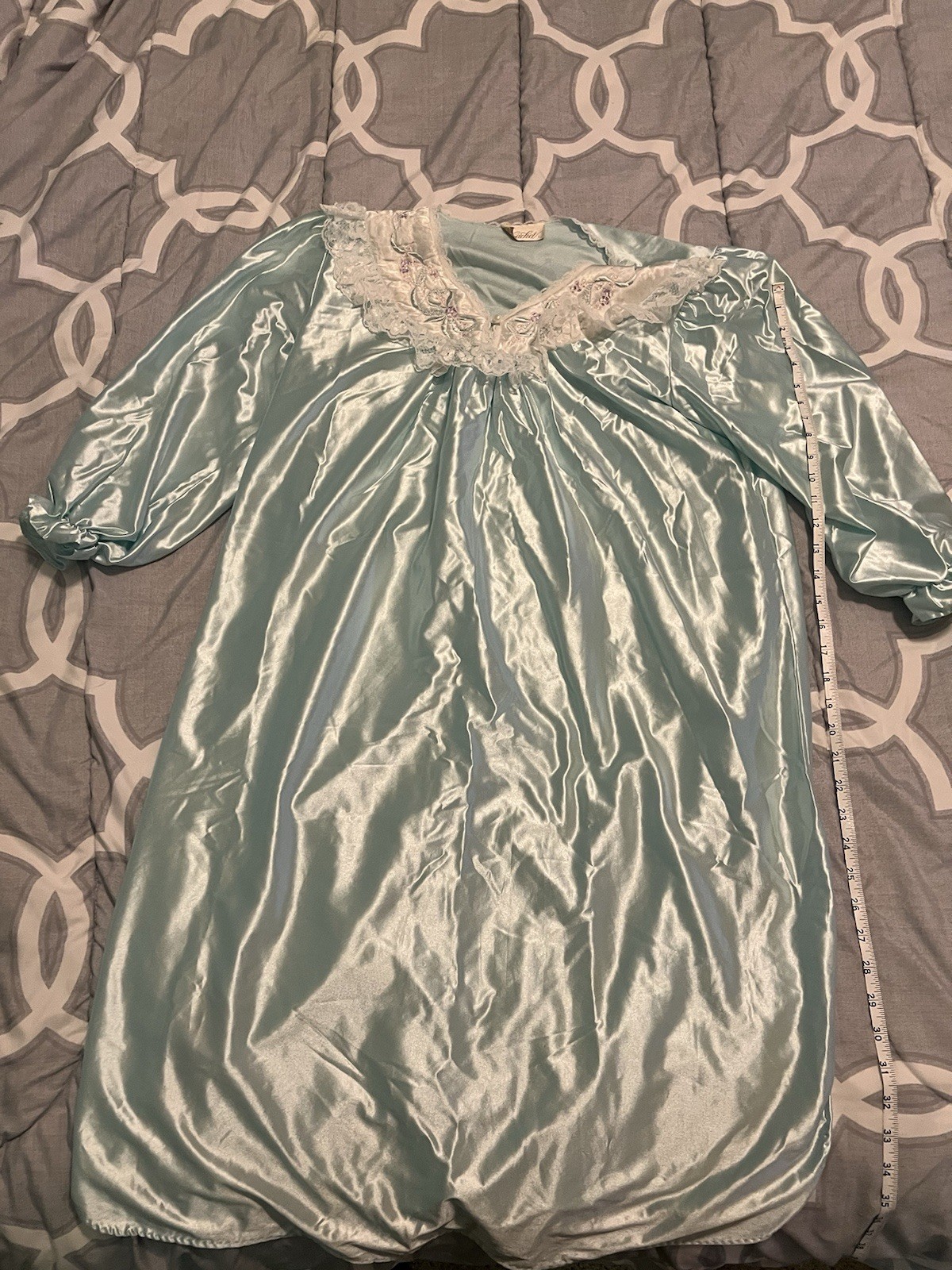 Vintage Cachet Blue Satin Nightgown Gown White Lace And Embroidery Embroidered