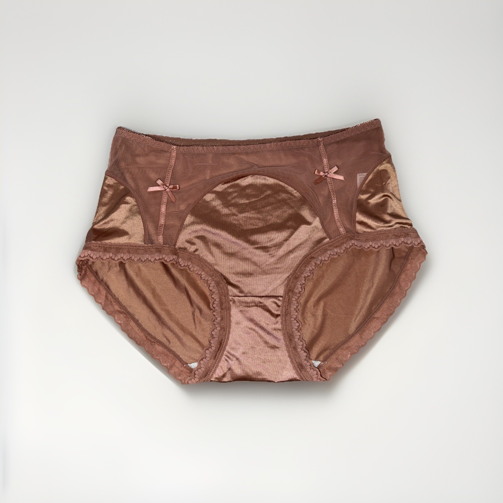 ~Shiny Large Rose Champaign Nylon Lace Blended Panties W/Bows Cotton Gusset New