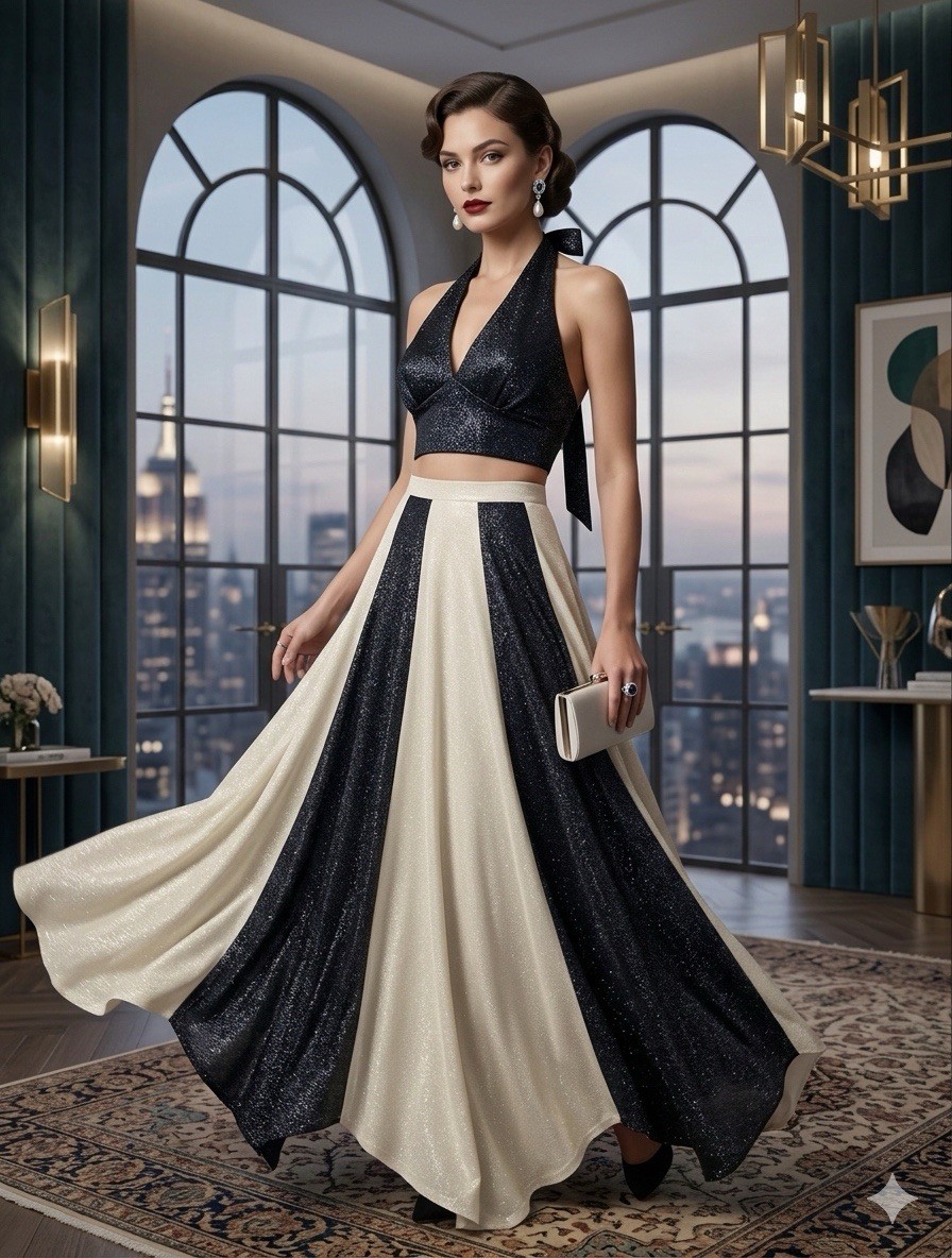 Vintage Nadine Black & Champagne Metallic Halter Crop&Full Skirt 2Pc Evening Set