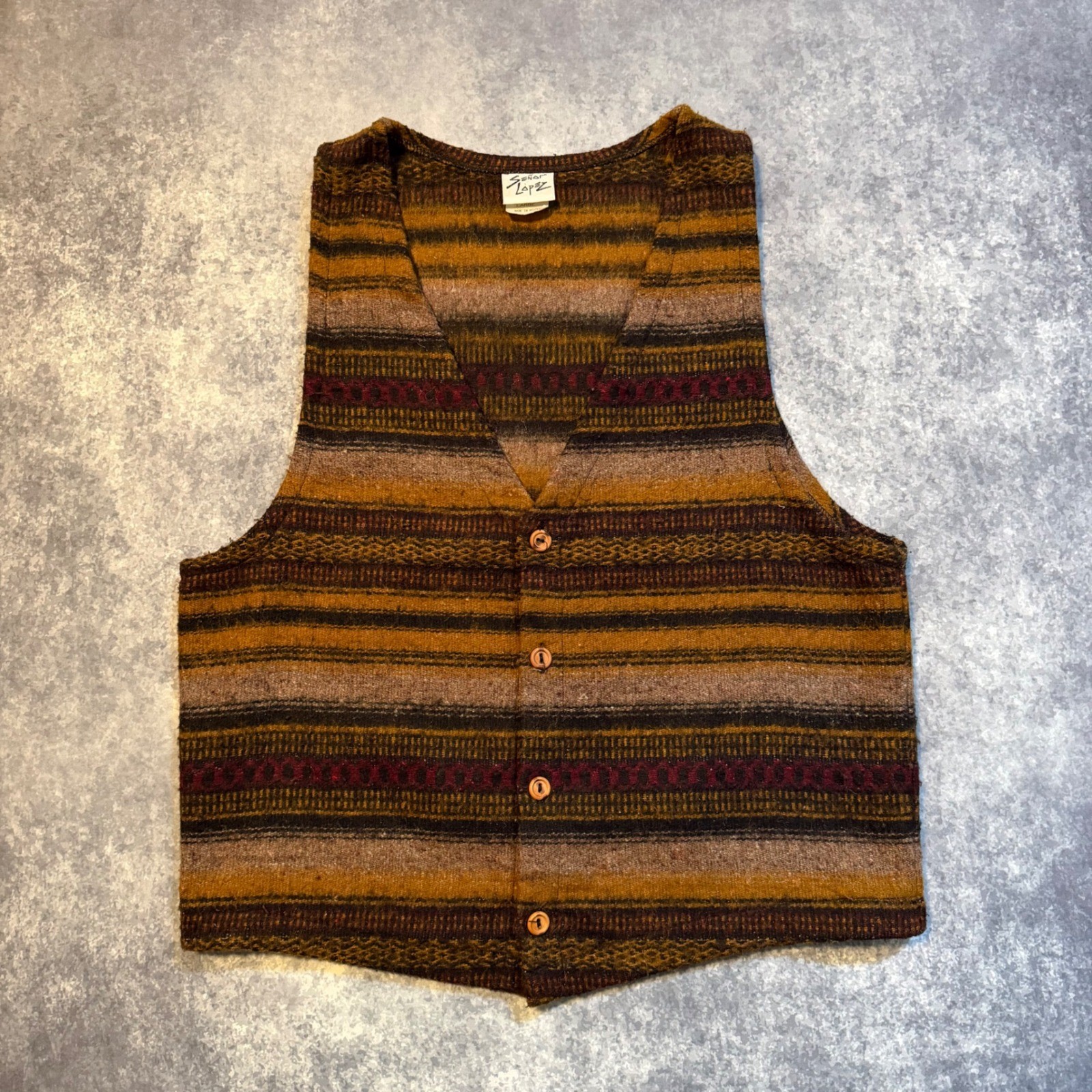 Vintage Senor Lopez Womens Large Brown Vest Striped Baja Knit Southwestern Boho