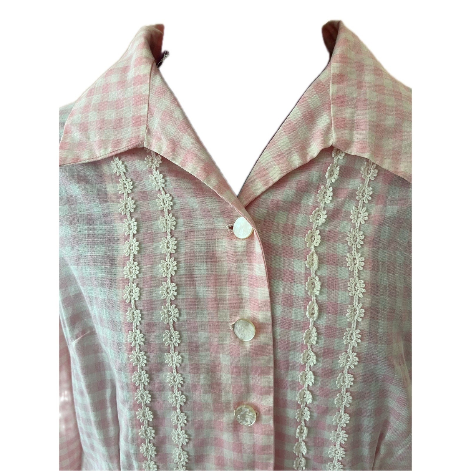 Handmade Vintage 60s Pink Gingham Two Piece Set Floral Lace Cottagecore Sz S