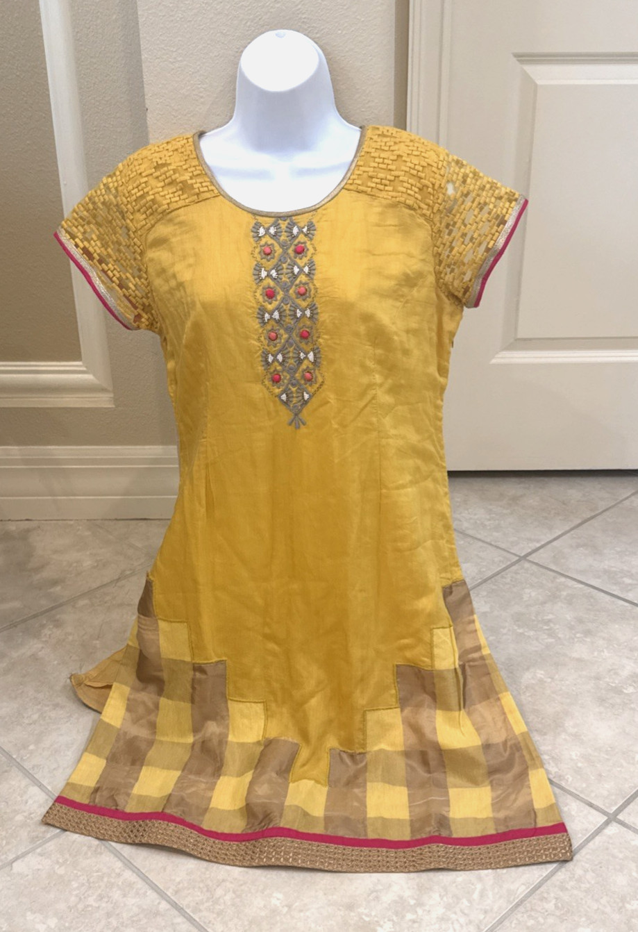 Mustard Yellow Art To Wear Embellished Geometric Sheer Cap Sleeve Sz L Dress