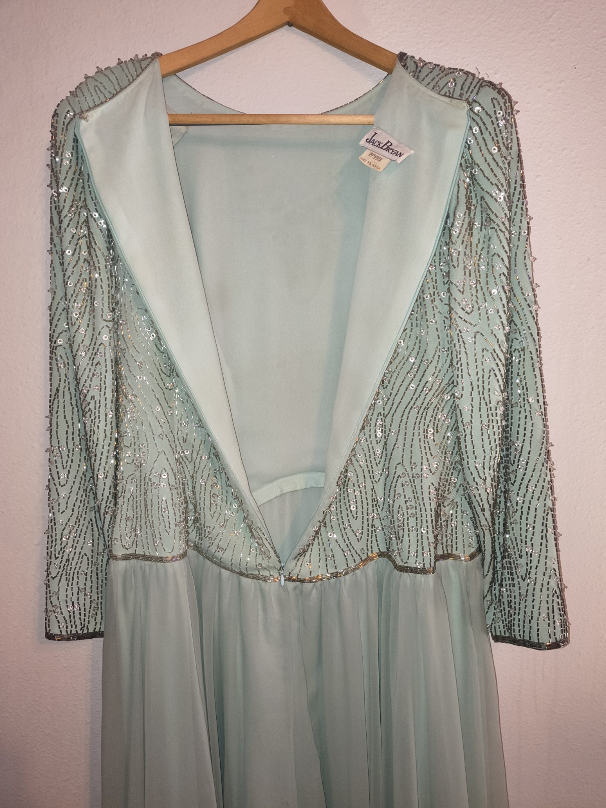 Vintage Jack Bryan Mint Green Beaded Sequin Chiffon Maxi Gown Size L/XL 14 16
