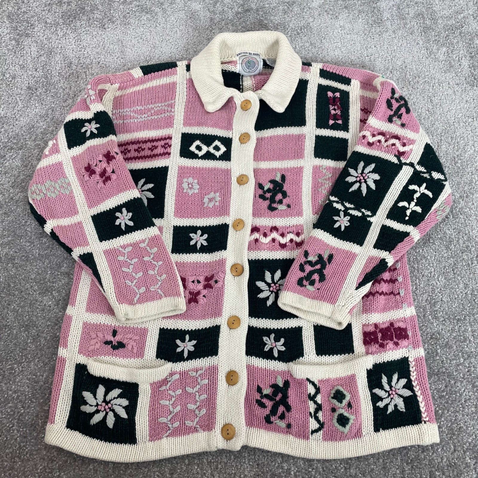 Vintage Cape Isle Knitters Cardigan Sweater Small Patchwork Hand Knit Floral