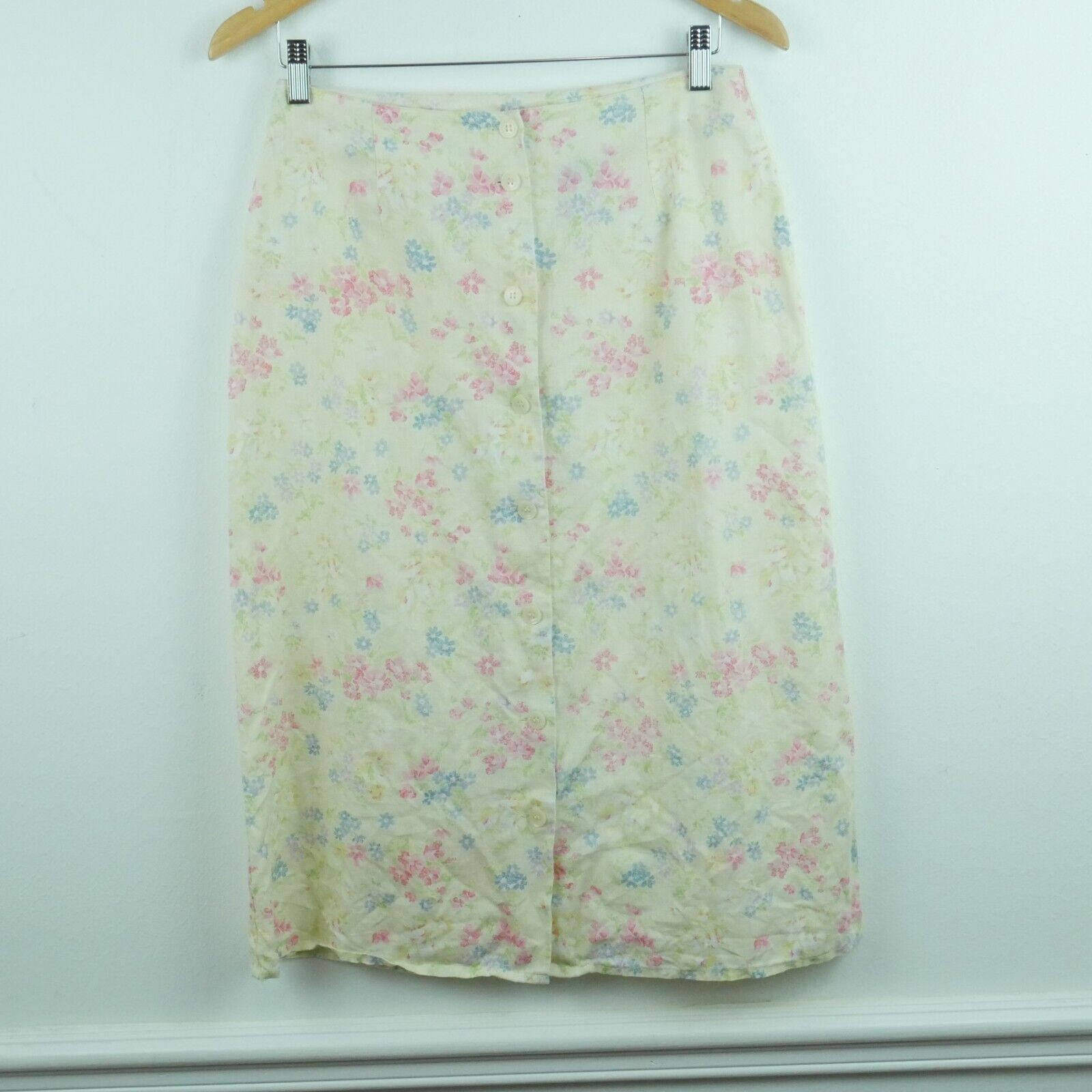 Vintage Size 10 Skirt 100% Linen Pastel Dainty Floral Button Cottagecore 90s