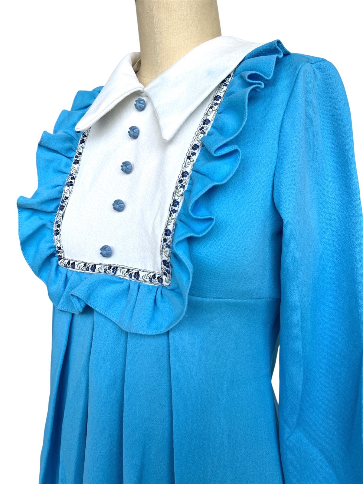 VTG 60s 70s Babydoll Pleat Mini Dress Blue White Ruffle Bib Collar Mod GoGo XS S