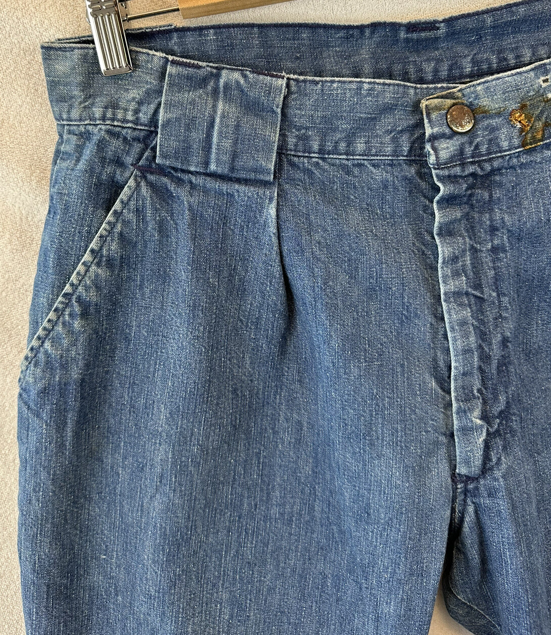 Vintage 70s Womens Thrashed Denim Flare Jeans Trouser Talon Pleated 32 x 28