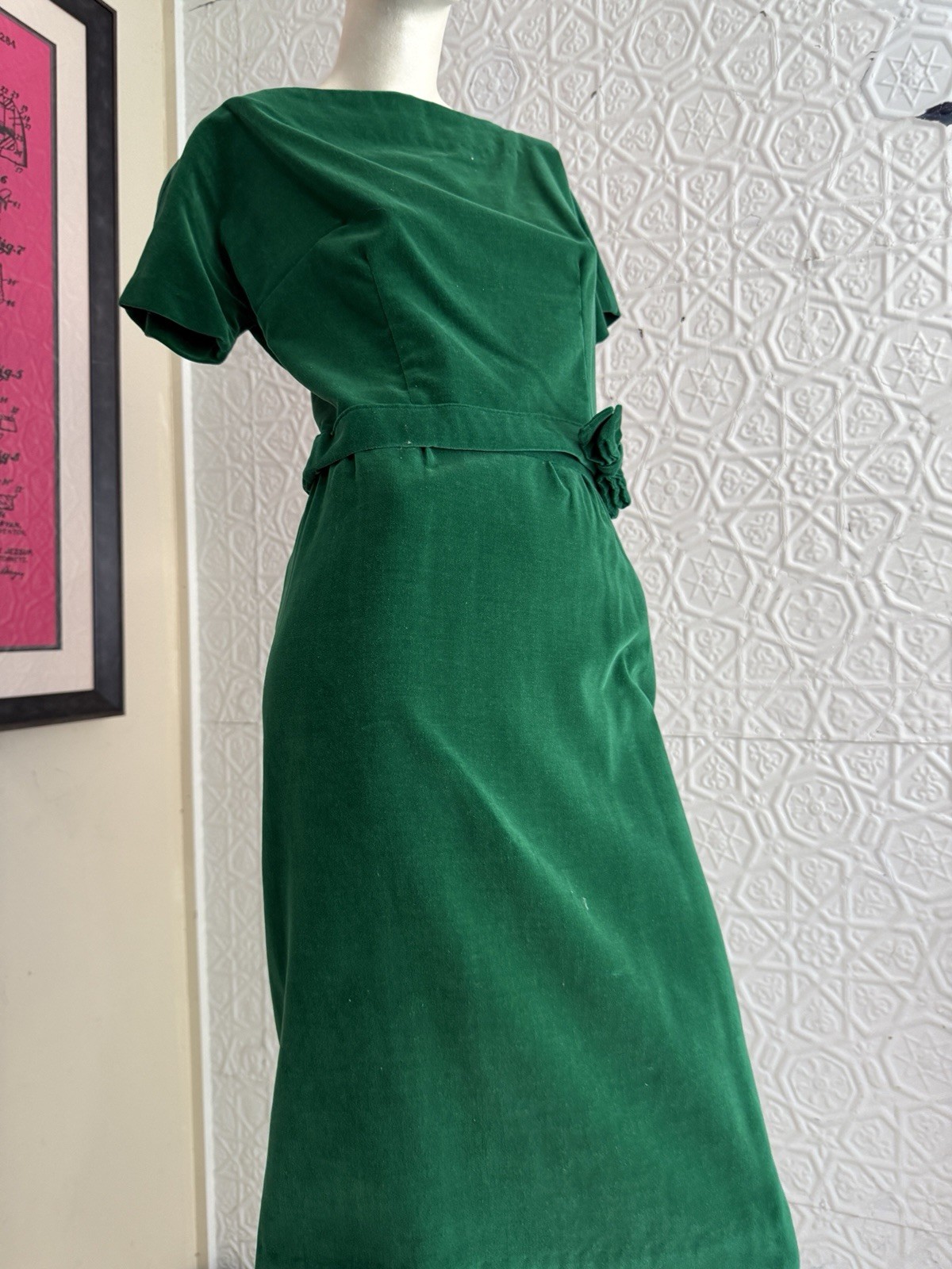 1960d green velvet dress set skirt top bow midcentury retro small