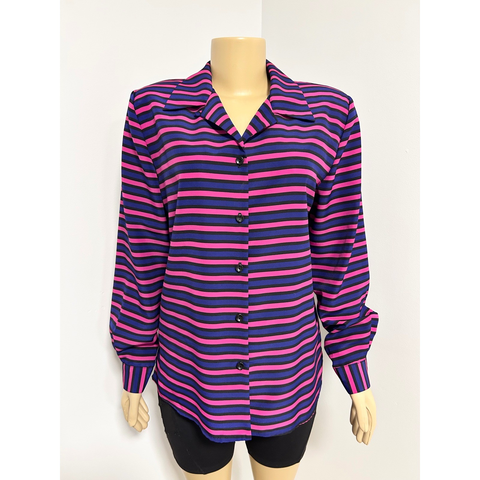 Joan Leslie Vintage 80s Pink Striped Button Down Blouse Large 12 Long Sleeve