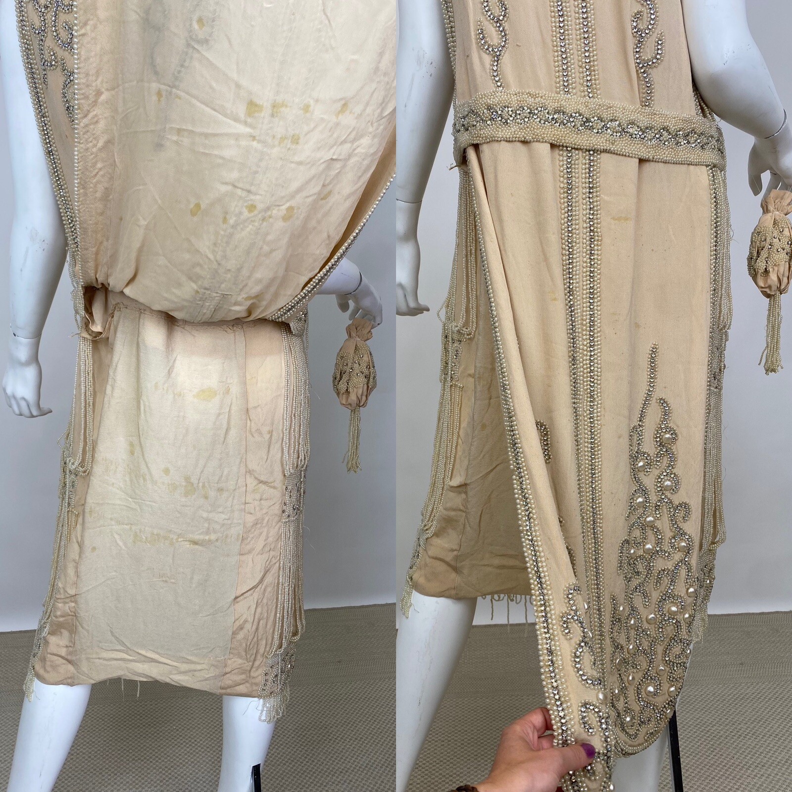 Real Antique 1920s Flapper Wedding Gown Train Headpiece Pearls Rhinestones