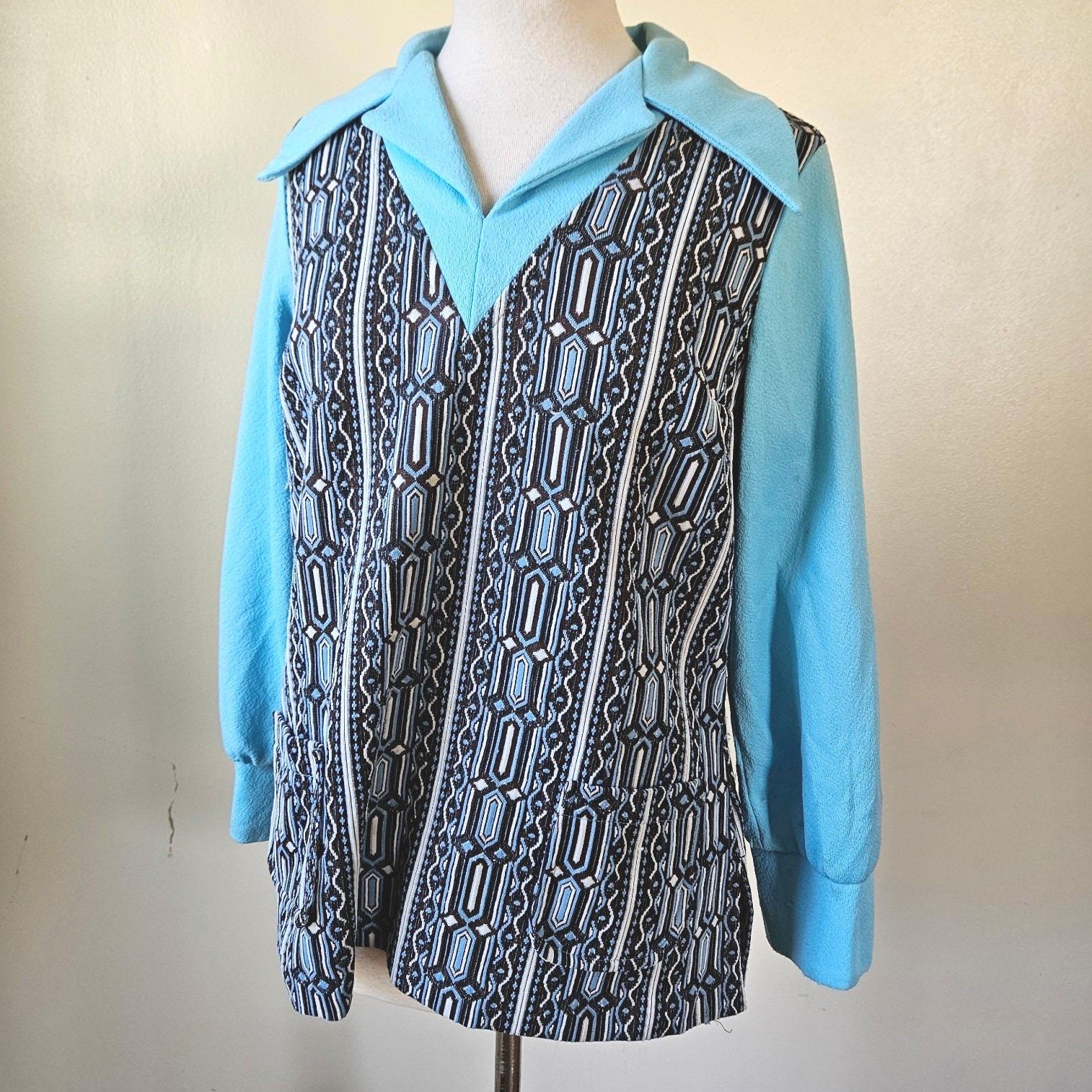 Vintage 70s Stockton Blue Brown Polyester Double Knit Retro Mod Tunic Top M/L