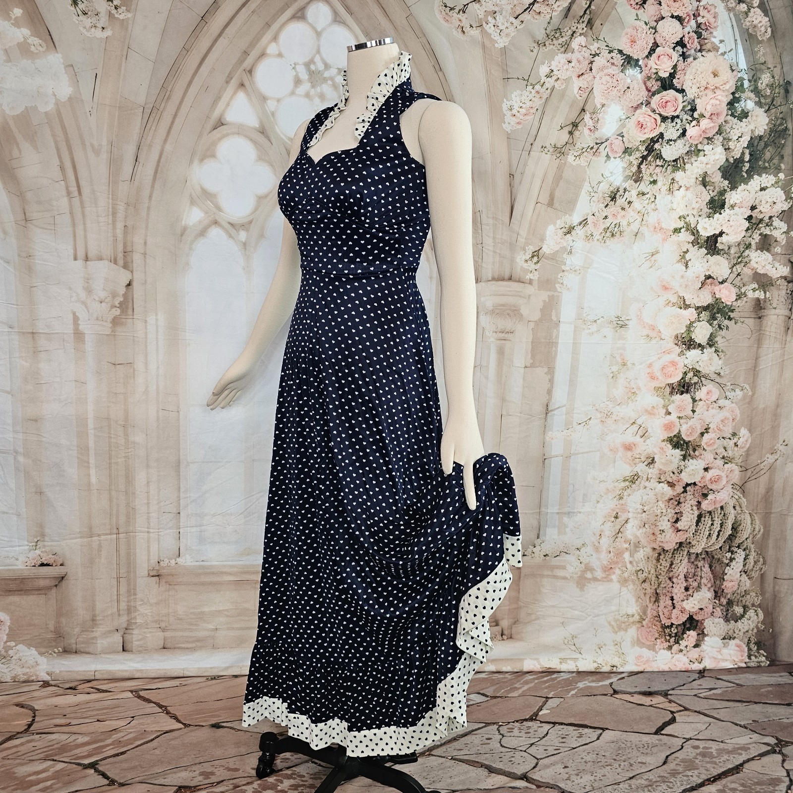 Vintage 1970s Dress Navy Blue White Hearts Ruffle Sweetheart Neckline Maxi