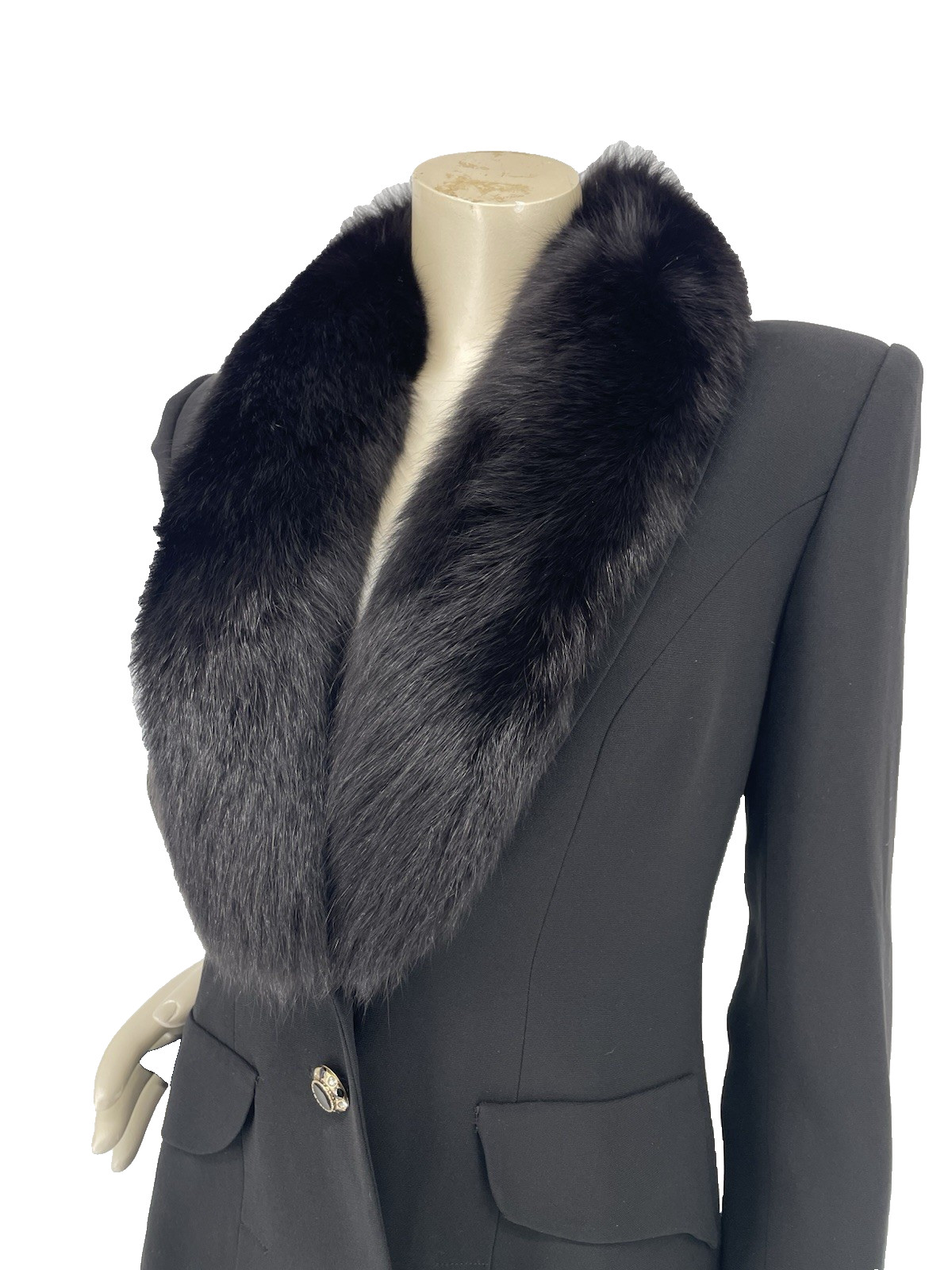 Vintage 90s Alberto Makali Black Fox Fur Collar Power Shoulder Blazer Jacket sm