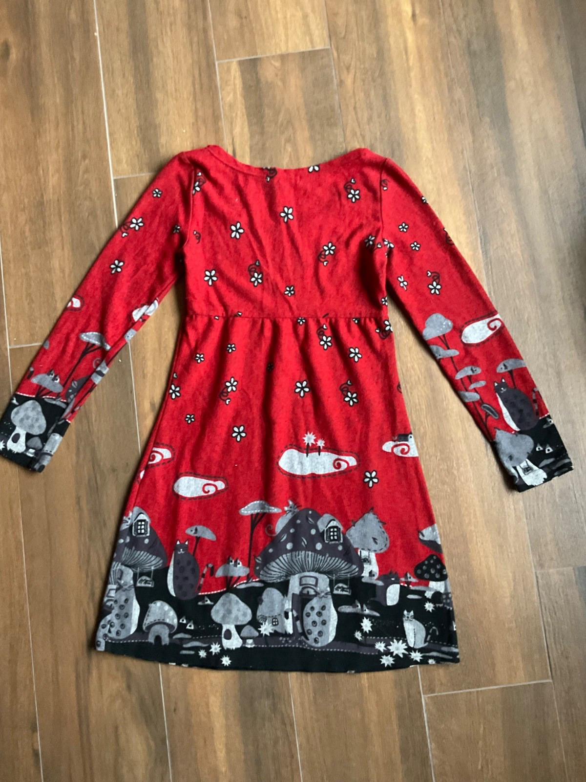 Retro Mini Sweater Dress Mushrooms & Cats Boho Hippie Long Sleeve Knit Sz. Small