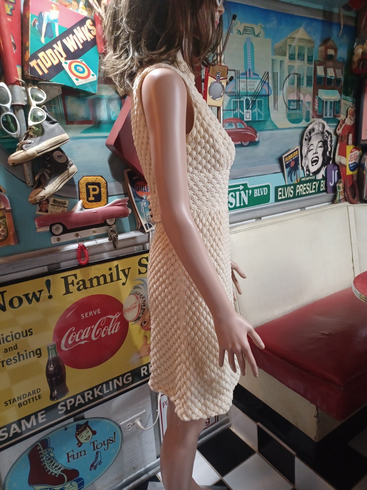 VTG Mid-century 1960s / 1970s Mod Crochet Sleeveless Mini Dress Groovy Ivory S
