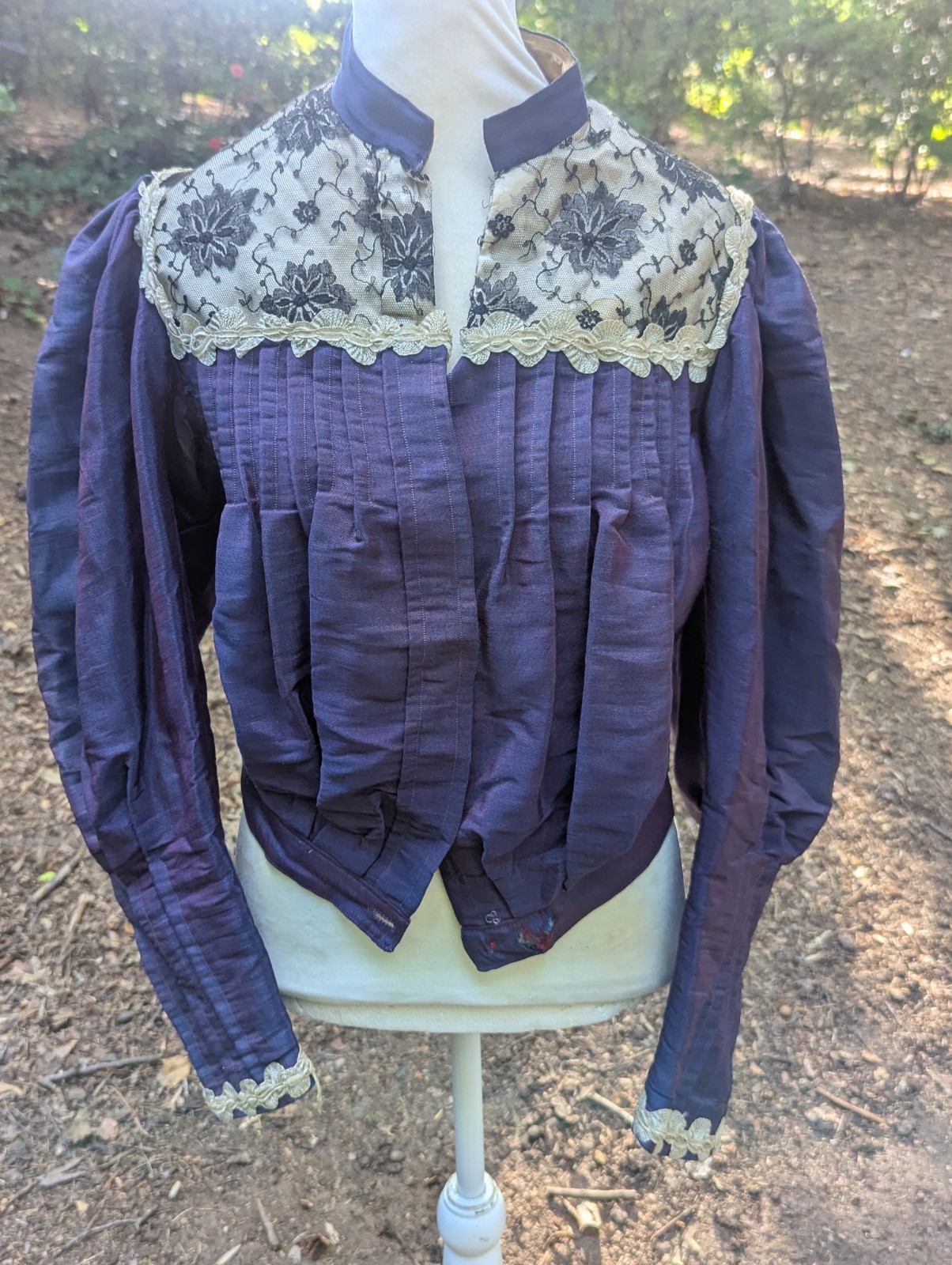 Antique Victorian Silk Bodice Purple Leg-O-Mutton Sleeves Lace Yoke Study Piece